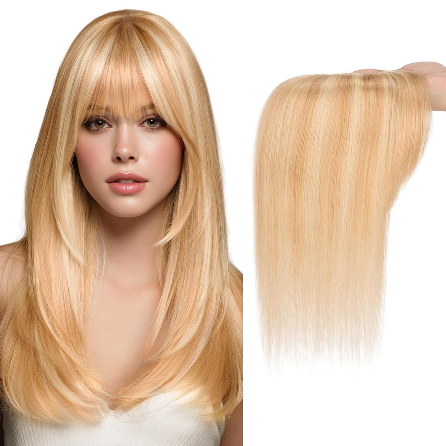 Hair Toppers for Women - Real Human Hair Clip-In 10 Inch Straight Hairpieces | Medium Brown Silk Base with Bangs