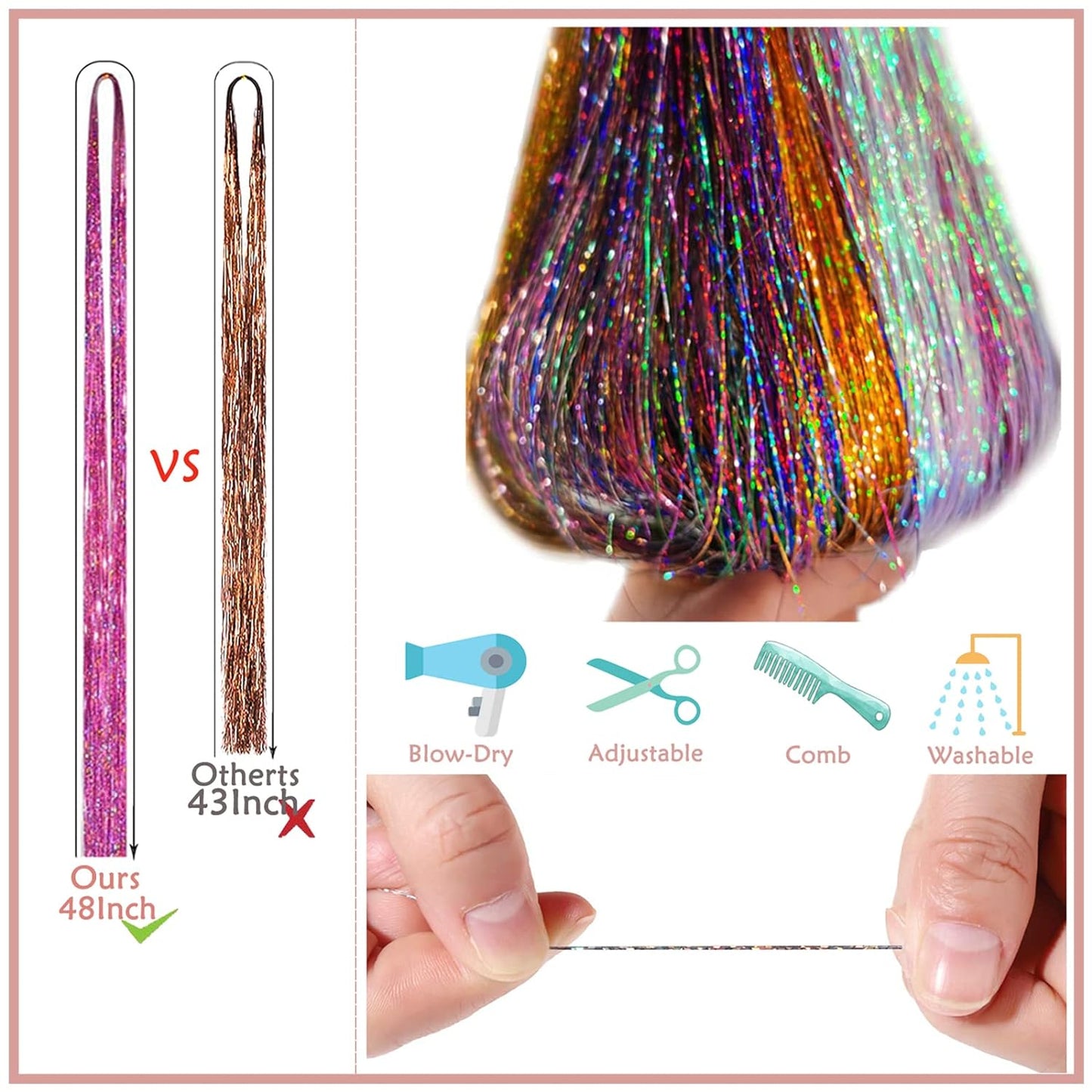 Hair Tinsel Kit - 48 Inch Glitter Tinsel Hair Extensions with 18 Colors | Heat Resistant Accessories for Women, Girls, and Kids