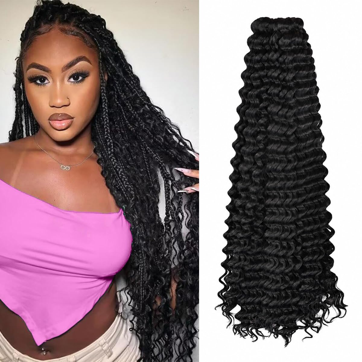 Ocean Wave Crochet Hair Extensions - Deep Wave Synthetic Braiding Hair for Women | 24 Inch, #1B (Pack of 2)