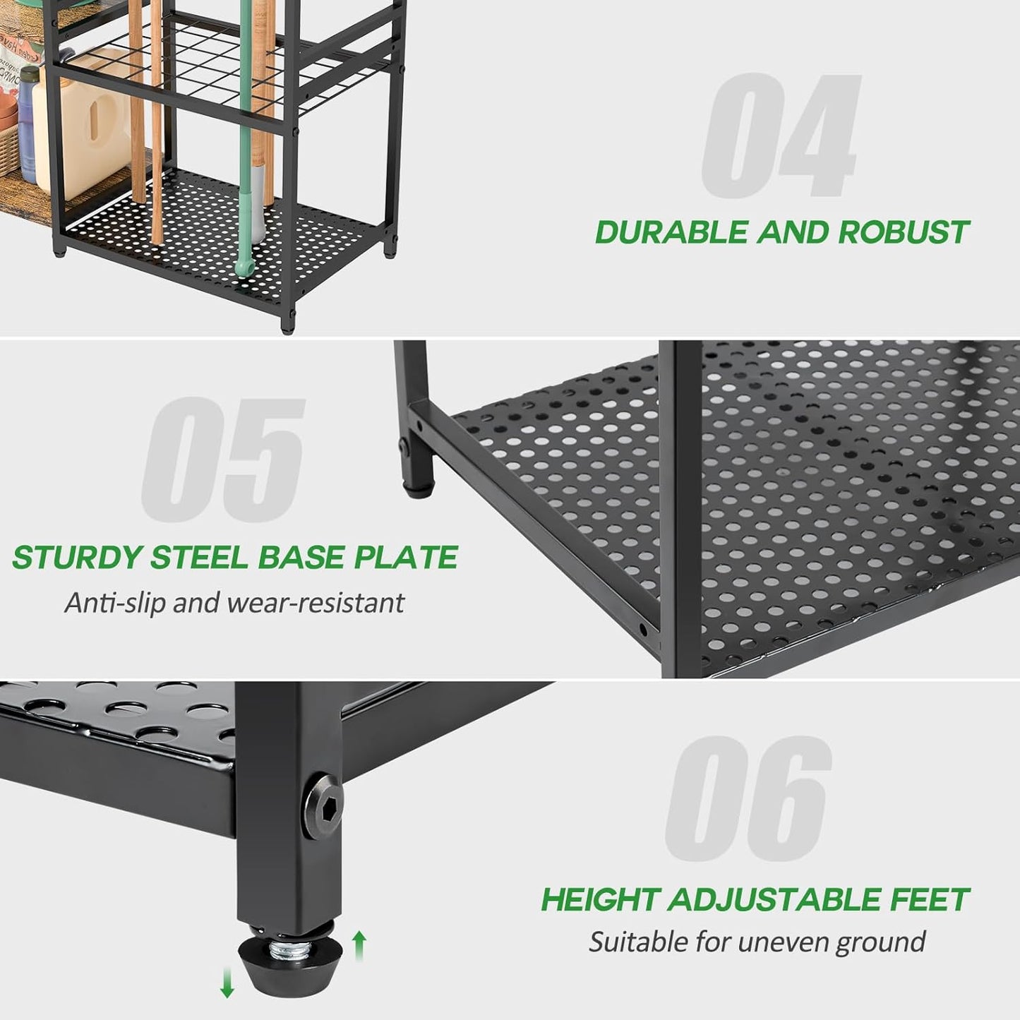 Garage Tool Organizer - 2-Tier Wooden Shelves & 6 Hooks | Heavy-Duty Steel Rack for 35 Long Handled Tools - Black