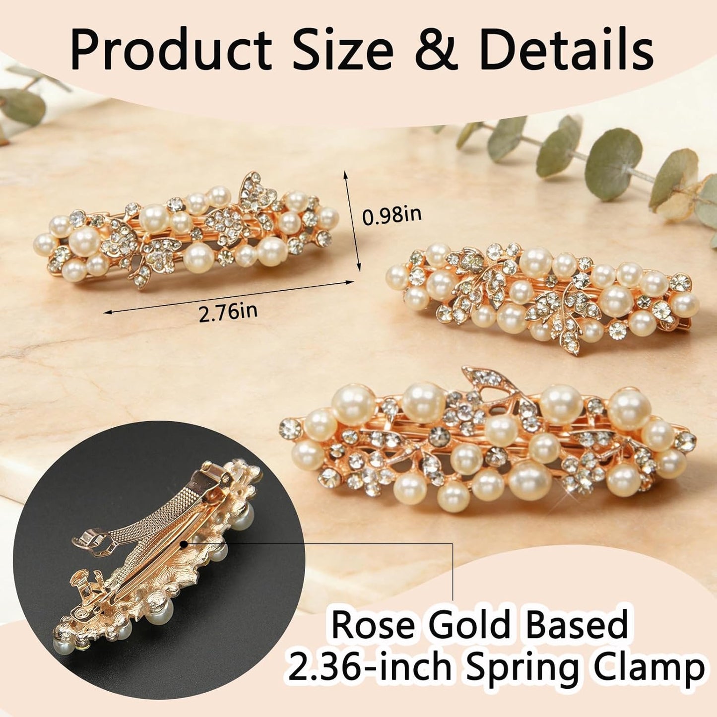 Rose Gold Pearl Hair Clips - Decorative Rhinestone Barrettes for Women | Fancy Hair Accessories for Thick & Thin Hair