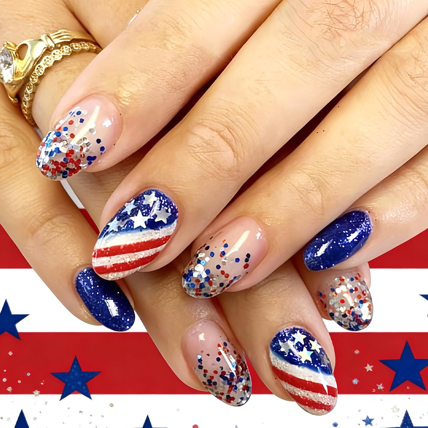24Pcs 4th of July Press-On Nails - Medium Square Red, Blue & White Glitter Designs | Reusable Patriotic Acrylic Nails for Women
