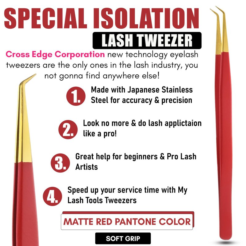 Isolation Tweezers for Eyelash Extension – 14cm Curved, Matte Red with Gold Tip, Stainless Steel, Best for Individual Isolation & Classic Lashes, Pinzas para Pestaña (Matte Red Gold Tip)