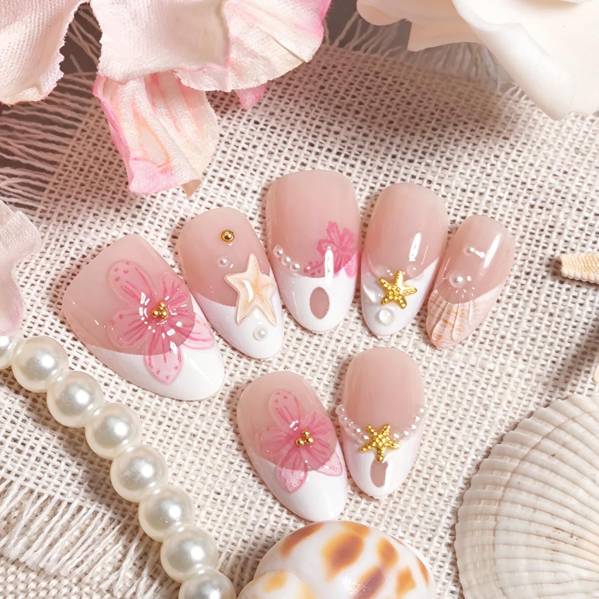 Cute Pink Flower Press-On Nails - Short Almond French Tip | 30 Pcs Reusable Glossy Acrylic with Pearl & Starfish Design