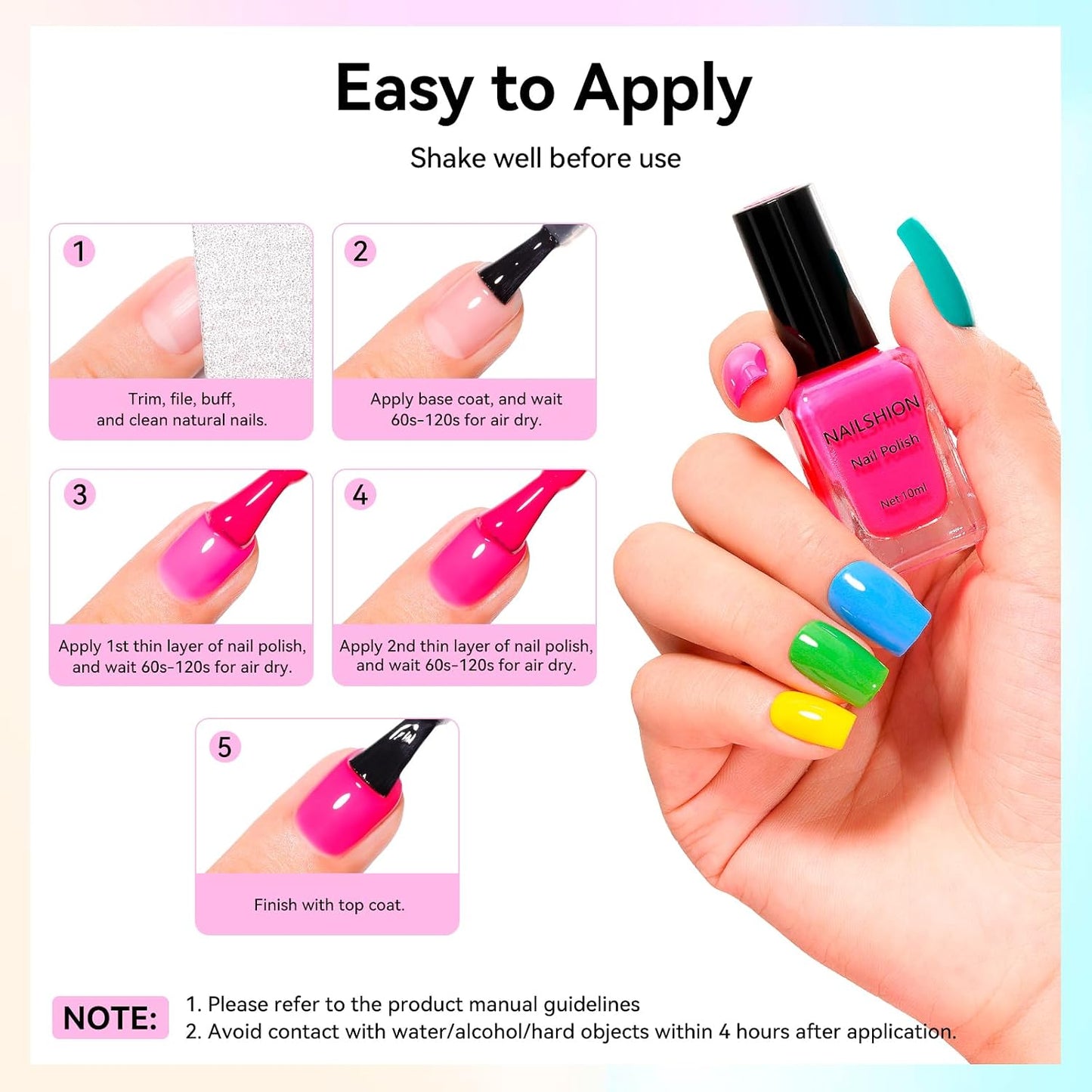 Rainbow Nail Polish Set - 10ml, 16 Colors | Air Dry, Base & Top Coat, Remover Pads for Nail Art Lovers
