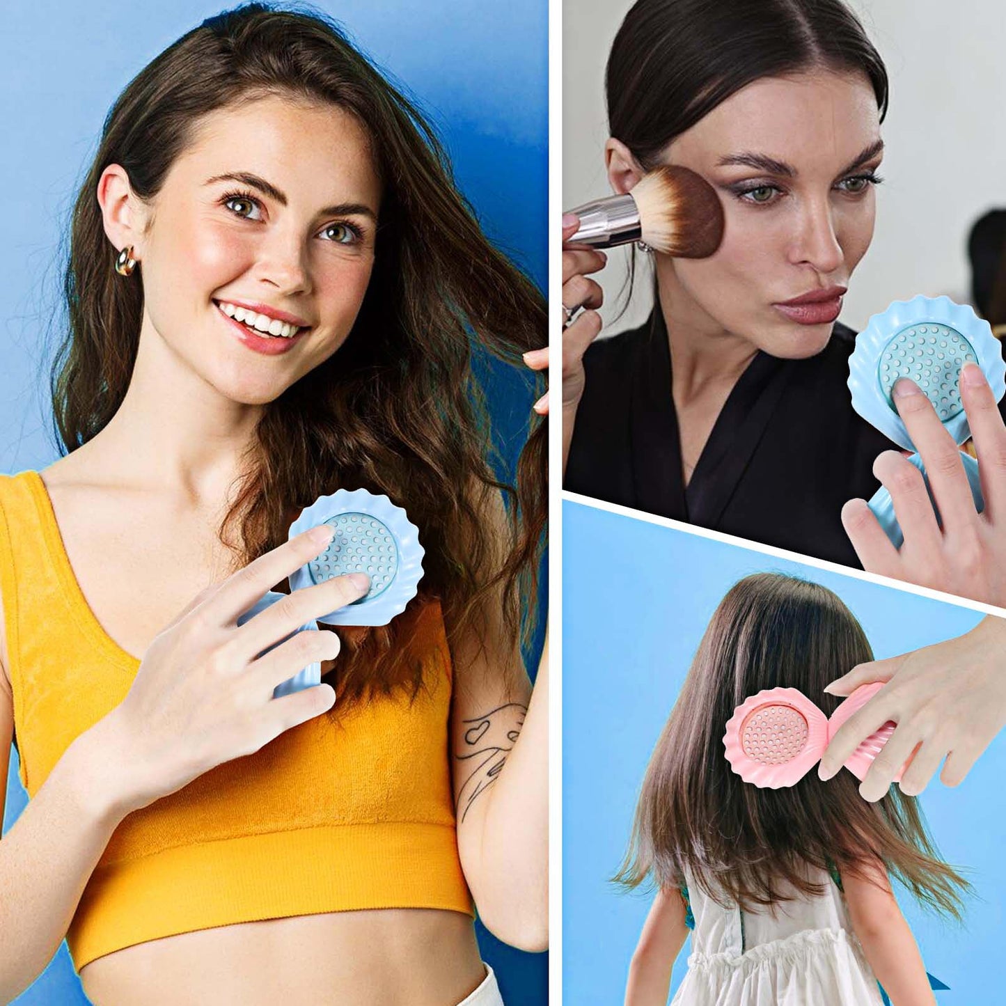 Nogeqi 2 Pcs Shell Shape Foldable Mini Brush for Hair,Travel Size Hair Brush with Mirror,Conch Folding Hair Brush,Portable Compact Hair Brush for Women and Purse Must Haves (Blue Pink)
