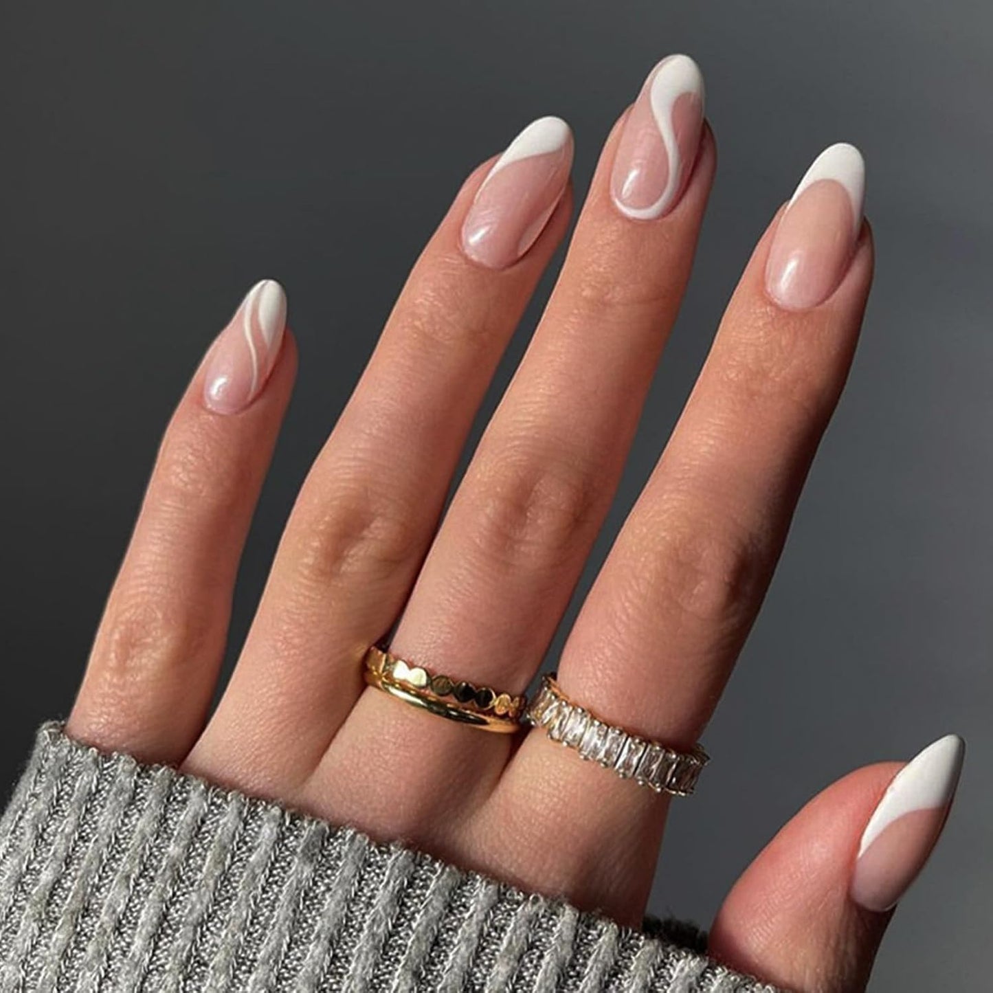 Press On Nails - Orange Almond Shape with Gold Glitter Swirl | 24 Pcs Acrylic Fake Nails for Women