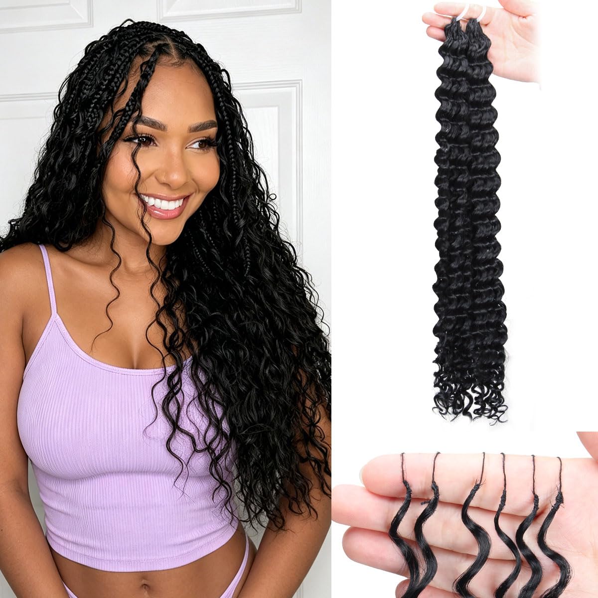 Miracle Knots Crochet Hair - 18 Inch Deep Wave Feather Bundles | Pre-Separated Curly Hair for Women (Natural Black)
