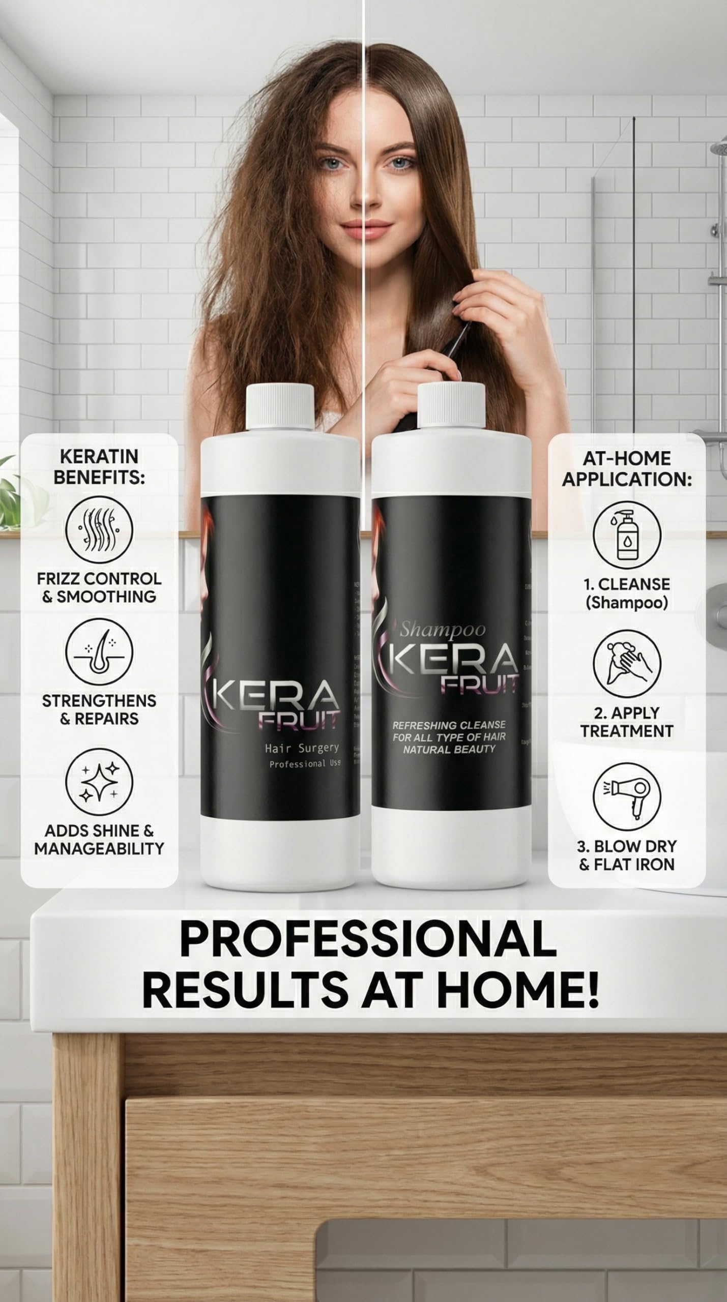 KERA FRUIT Hair Conditioner, 16 OZ - Cirugia Capilar Smoothing Treatment for Frizzy Hair, Controls Volume and Frizz, Deep Hydration, Includes Shampoo, Rapid Delivery