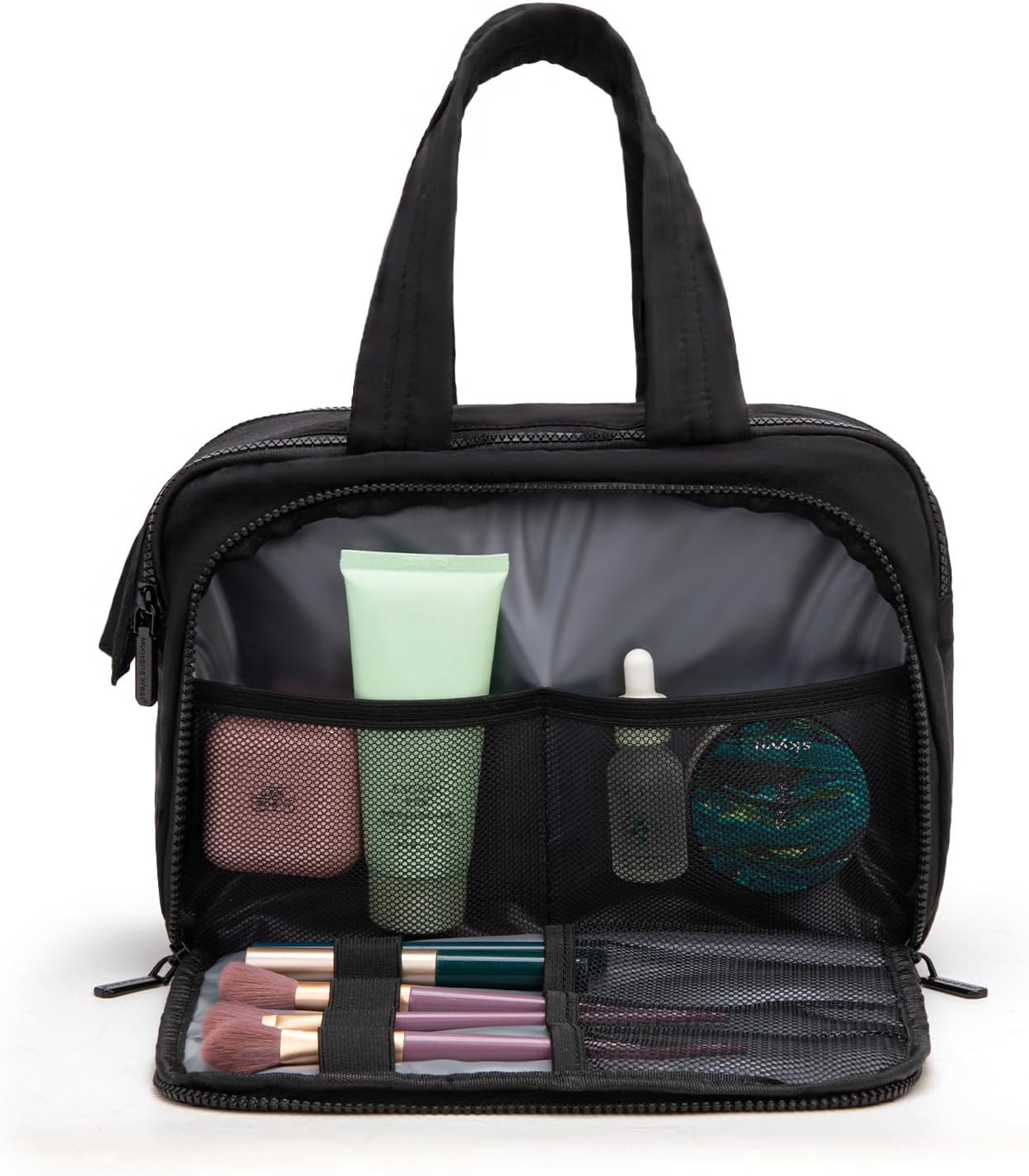 Travel Toiletry Bag for Women - Large Wide Open Puffy Makeup Organizer with Brush Holder | Waterproof, Lightweight Design