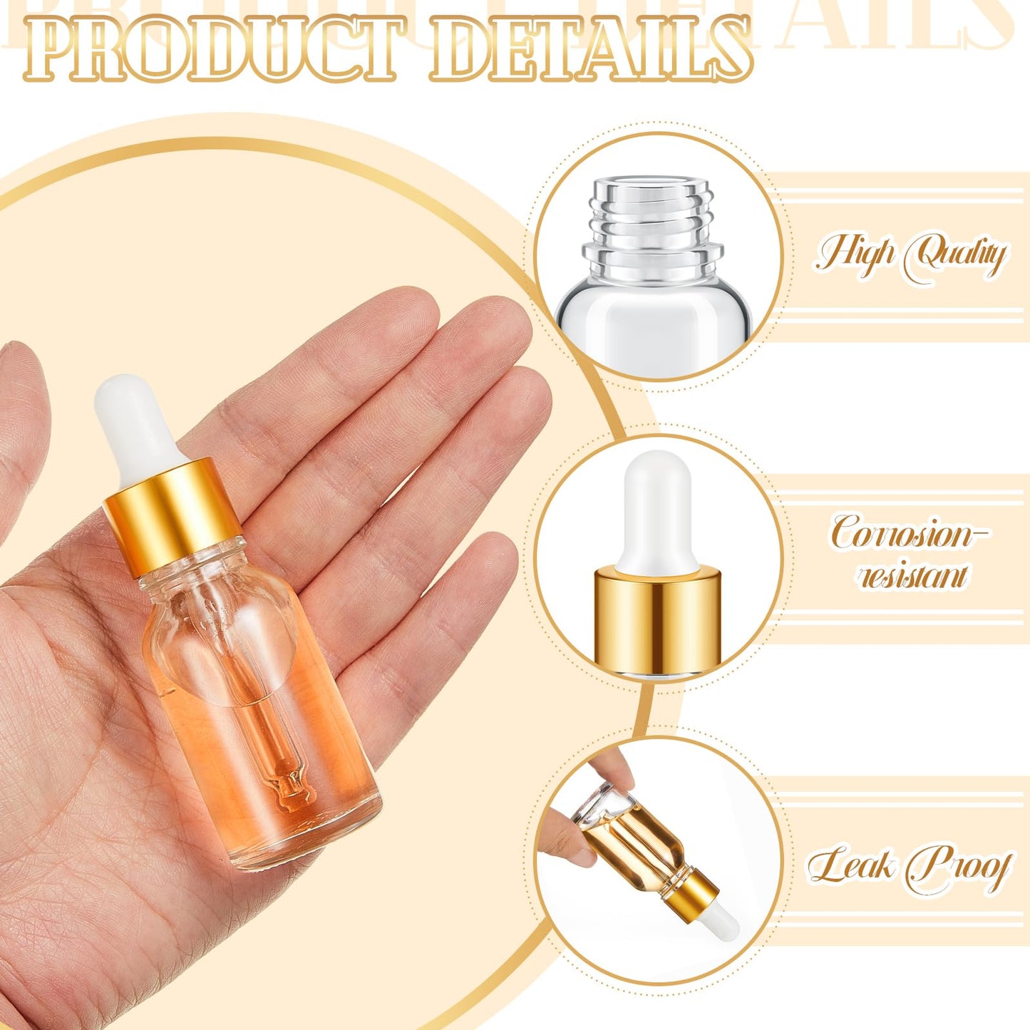 Didaey 100 Pcs 1/2/3/5/10/15 ml Mini Glass Oil Dropper Bottle Bulk, Clear Essential Small Empty Bottles Sample Containers Perfume Liquid Vials with Cap for Traveling (15 ml,Champagne Gold)