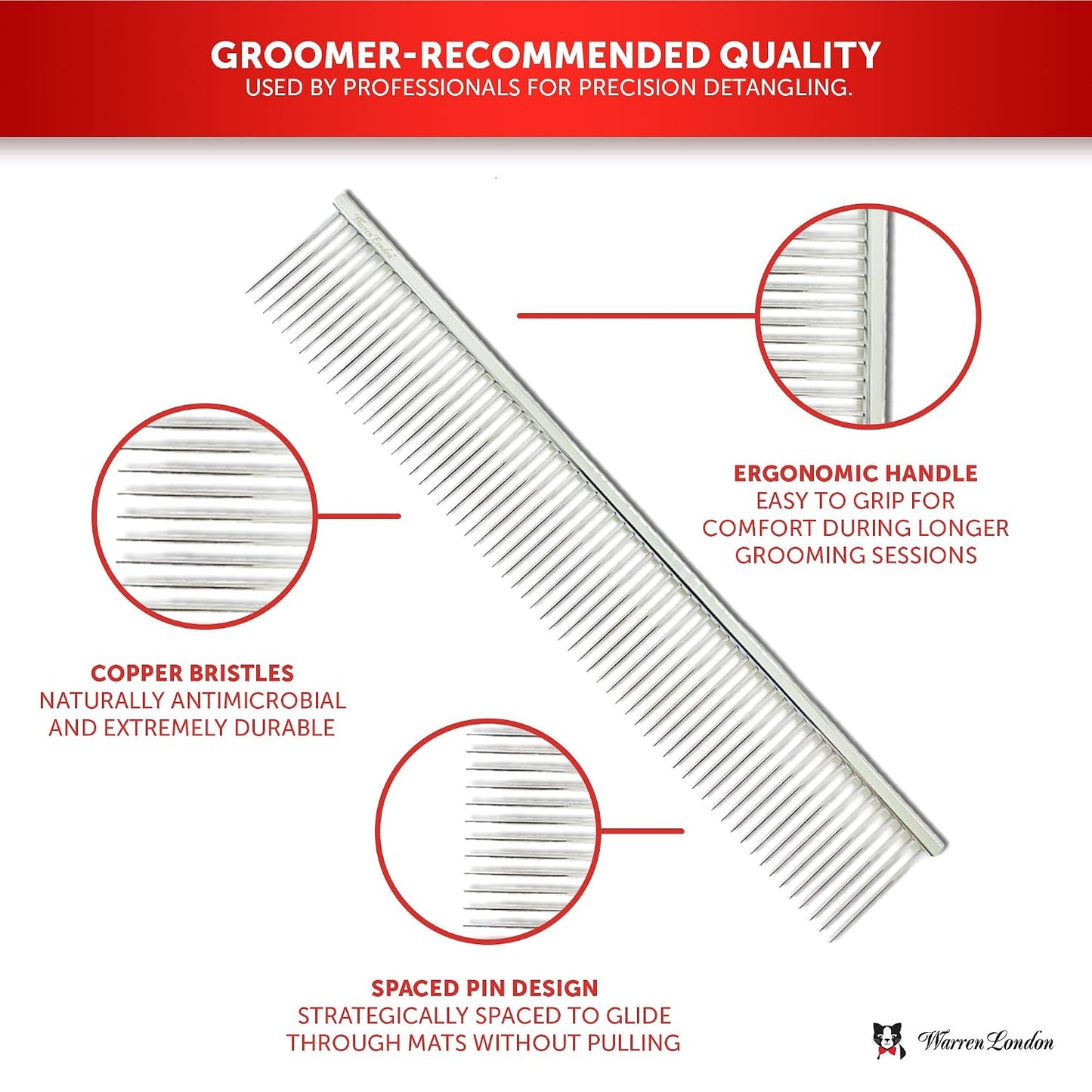 Warren London Cat Grooming Comb - 9" Copper DeMatter Pro Max | Gentle Detangler for Long, Thick Coats