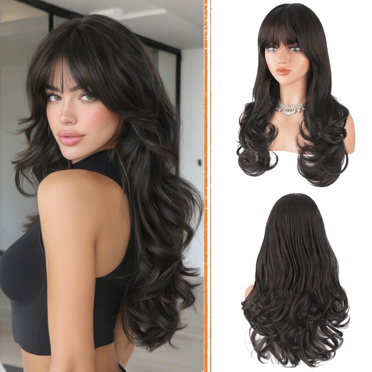 Pink Wigs with Bangs - Long Wavy Layered Synthetic Hair Wig | Natural-Looking, Heat Resistant, 24 Inch