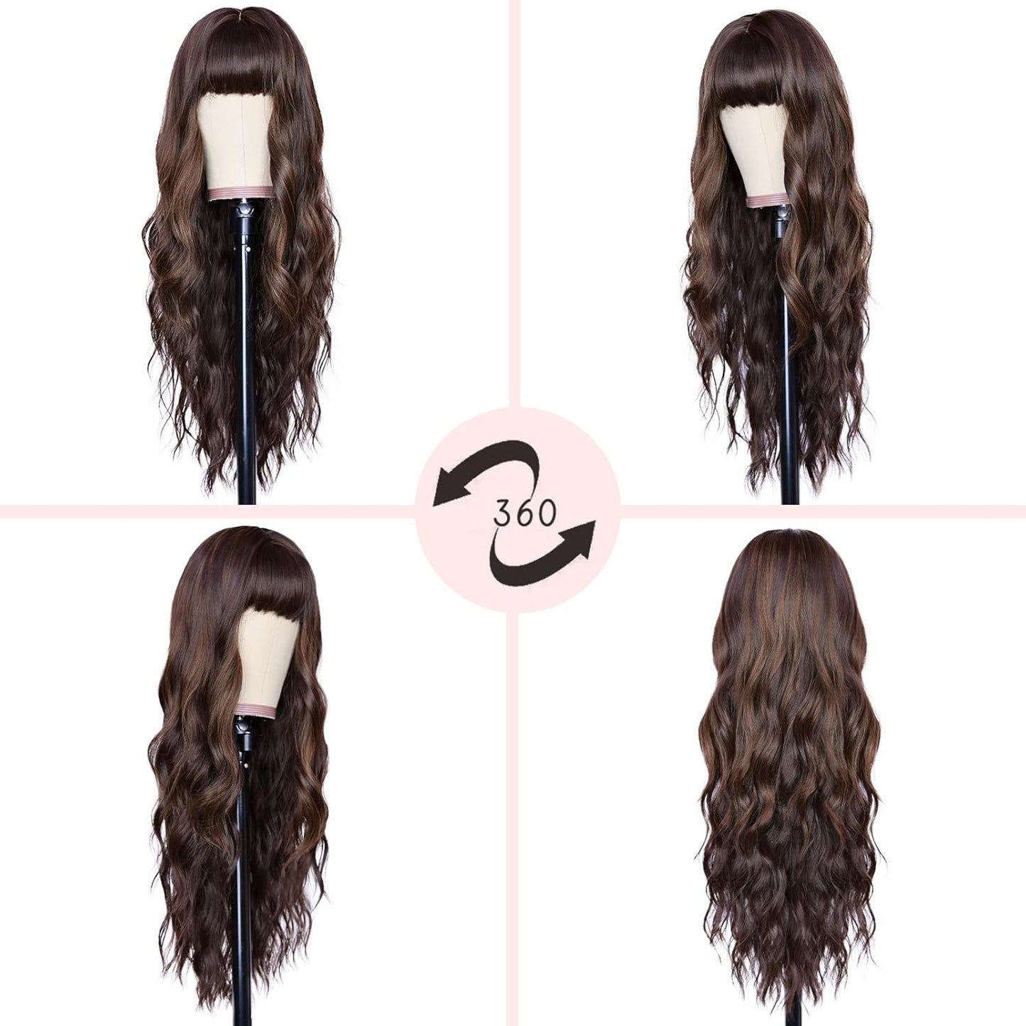 NAYOO Brown Wigs for Women - Long Curly Wavy Hair | Heat Resistant Synthetic Fiber, 24 Inches