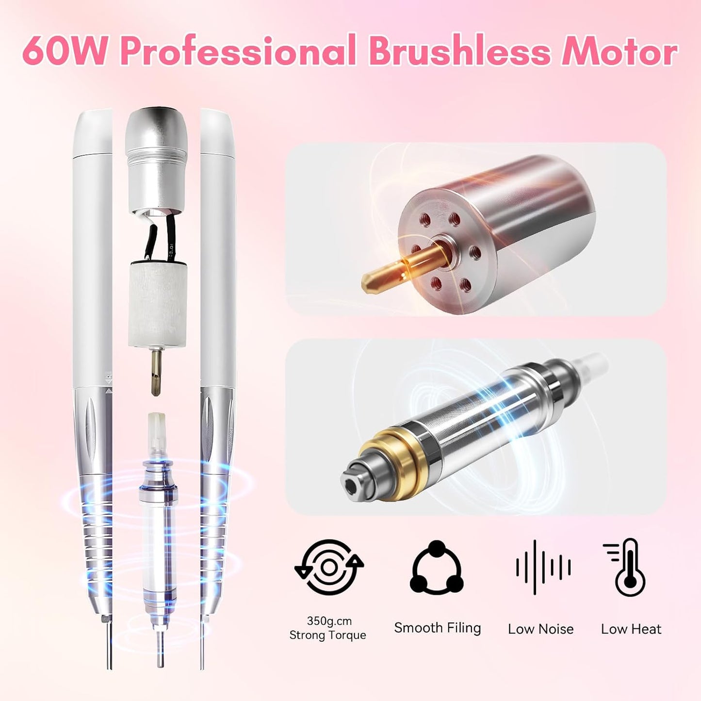 Makartt Nail Drill - 35,000RPM Rechargeable Electric Nail File for Acrylic & Gel Removal | 2-in-1 Portable & Desktop, LCD Display, Nouvella Pink