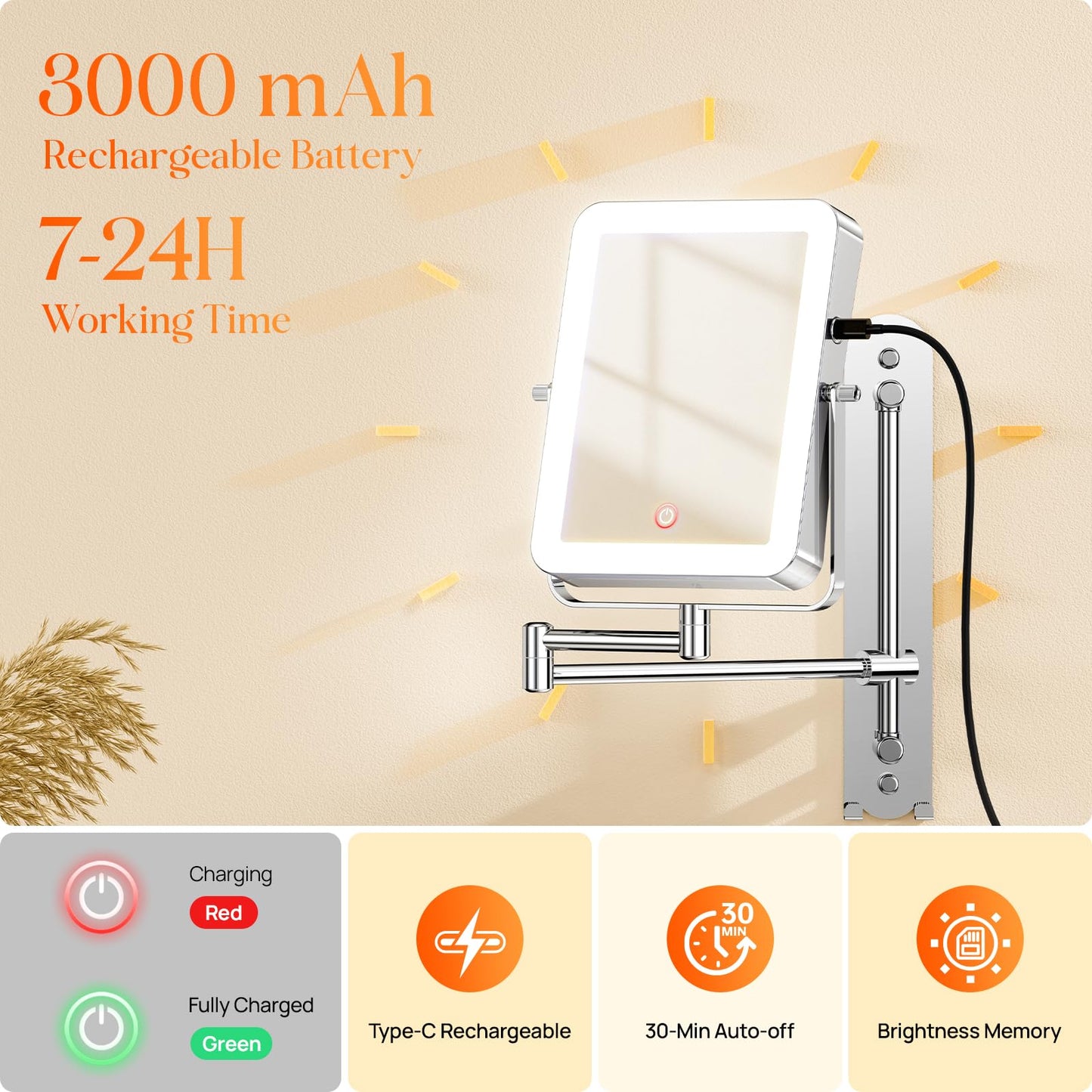 Gospire Height Adjustable Wall Mounted Lighted Makeup Mirror with Hooks, 3000mAh Rechargeable with 1X/10X Magnification, 3 Light Colors and Stepless Dimming for Bathroom