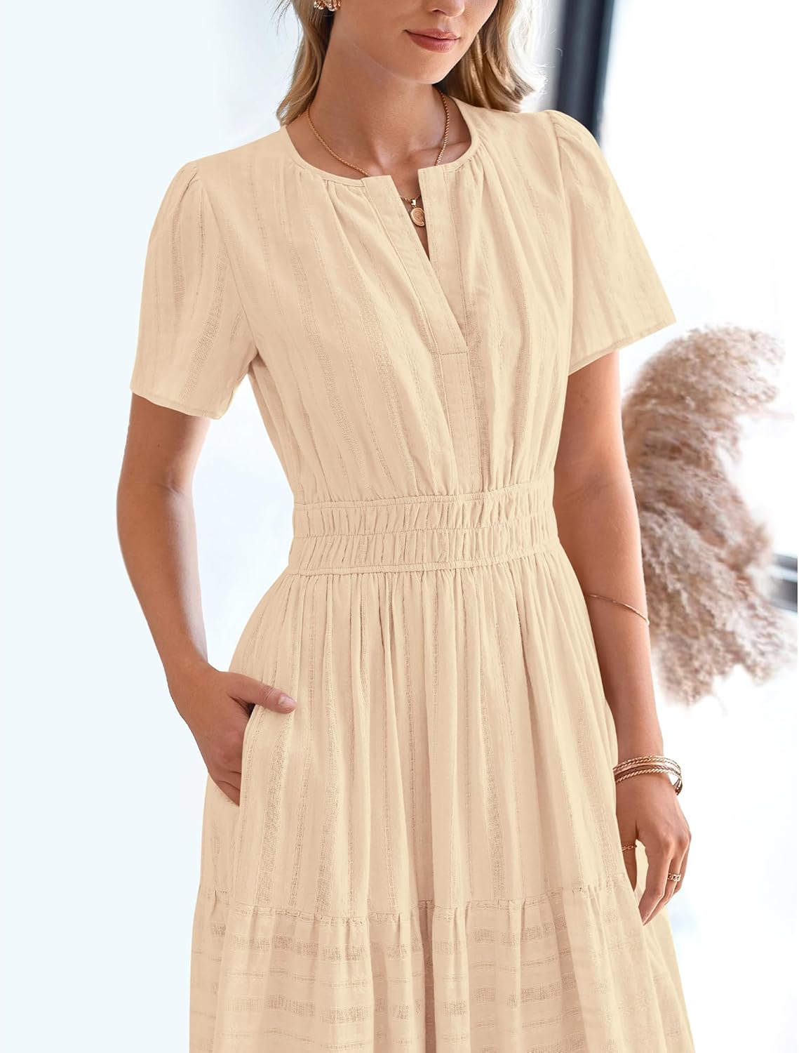 Summer Casual Midi Maxi Dress for Women - Lightweight V Neck, Elastic Waist & Pockets | Boho Beach Style