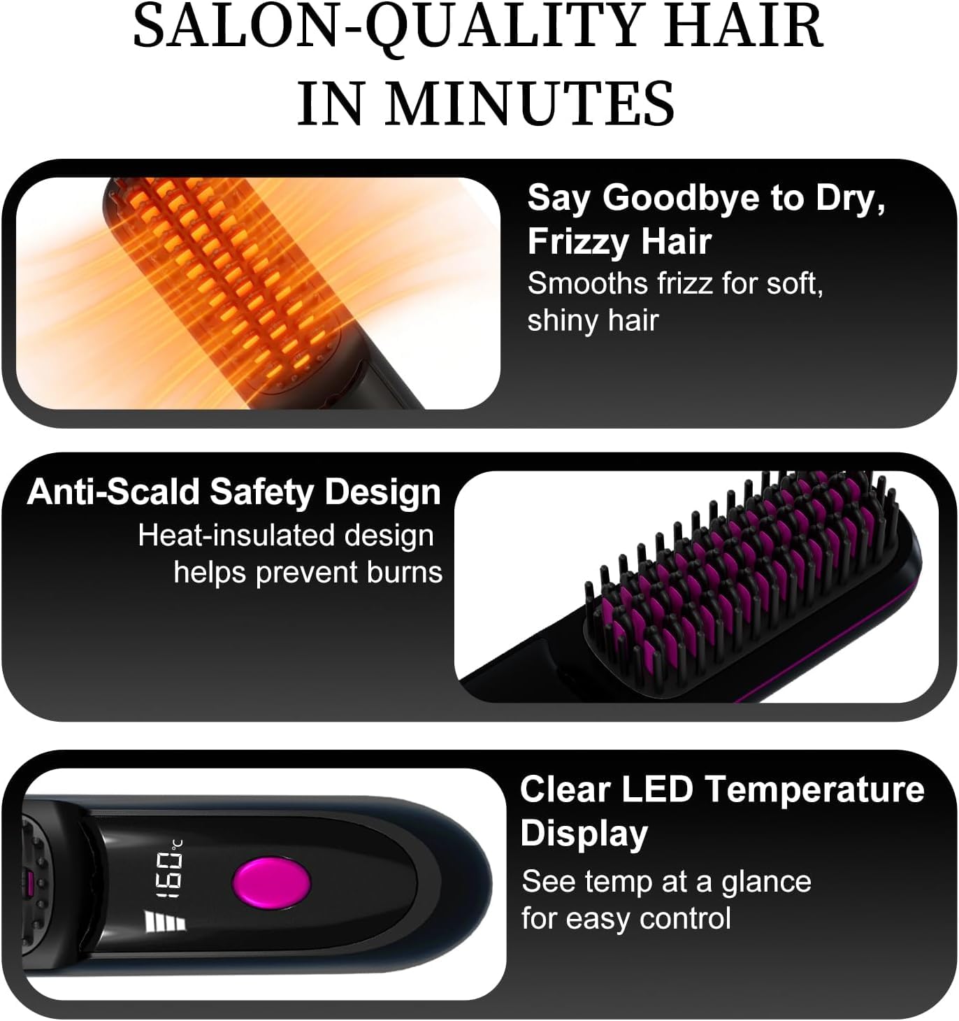 Portable Straightener Brushs for Travel, with LCD Temperature Display, Fast Heating Cordless Mini Hair Brushs (Black)