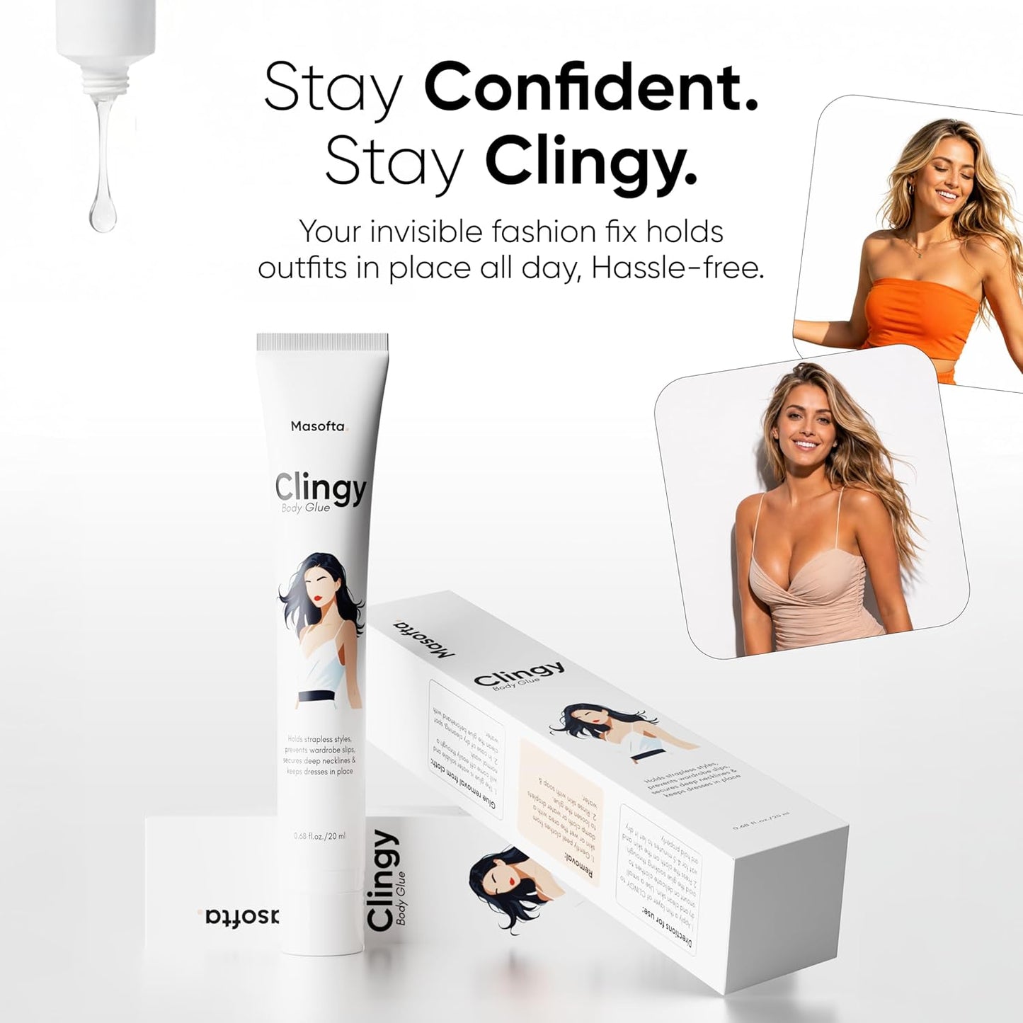 Body Glue for Clothes & Skin - Sweat-Resistant Liquid Fashion Tape | Non-Irritating Adhesive for Strapless Dresses, Bras, & Wigs | 20ml