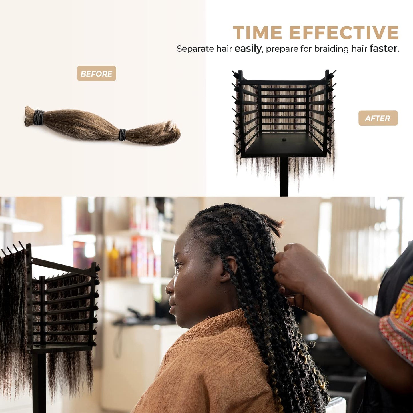 ORA SHOP - Braiding Hair Rack, Hair Extension Holder, Hair Braiding Tools, Hair Product Organizer, Wooden 3-Sided Rack Stand, Large Capacity (210 pegs)