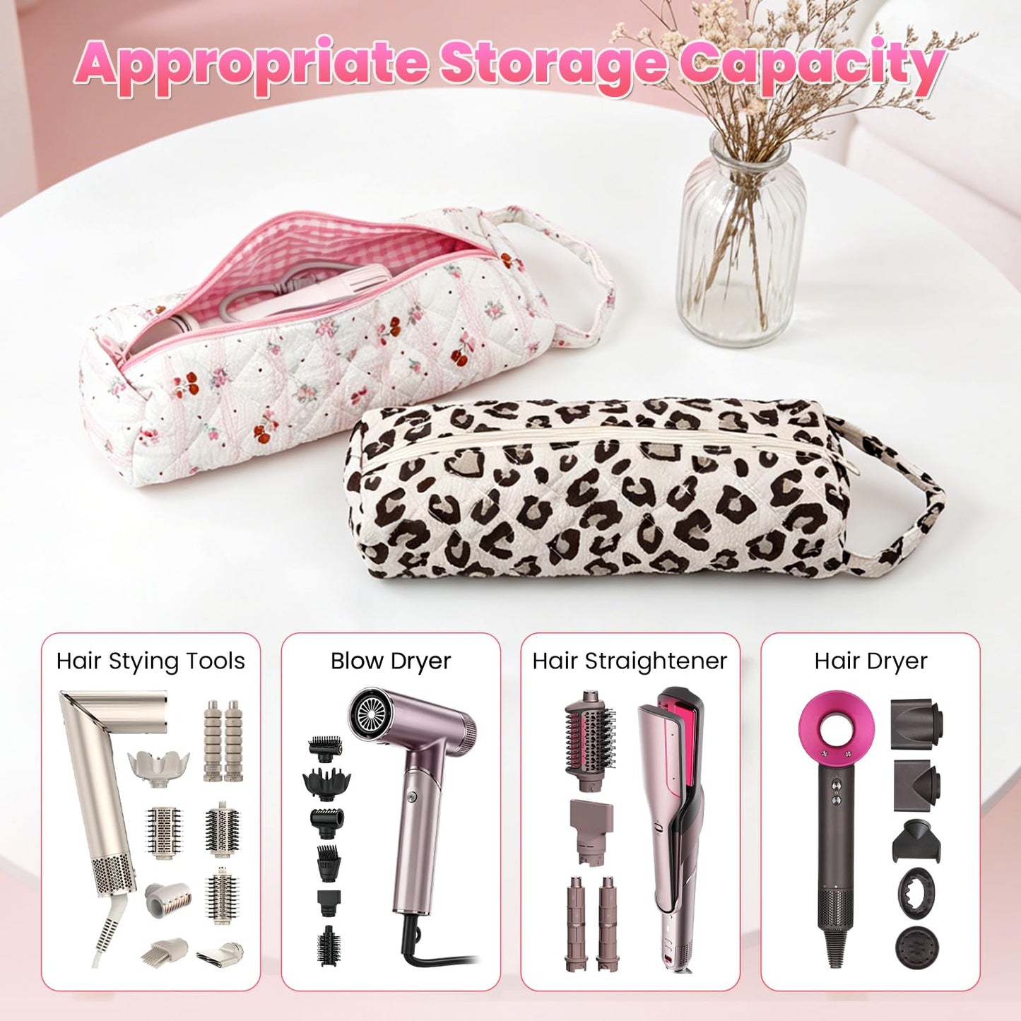 Hair Tools Travel Bag, 2Pcs Quilted Protable Hair Dryer Bag Hair Styling Accessories Organizer Bag for Curling Irons, Flat Irons and Styling Tools (Leopard Print+Cherry)