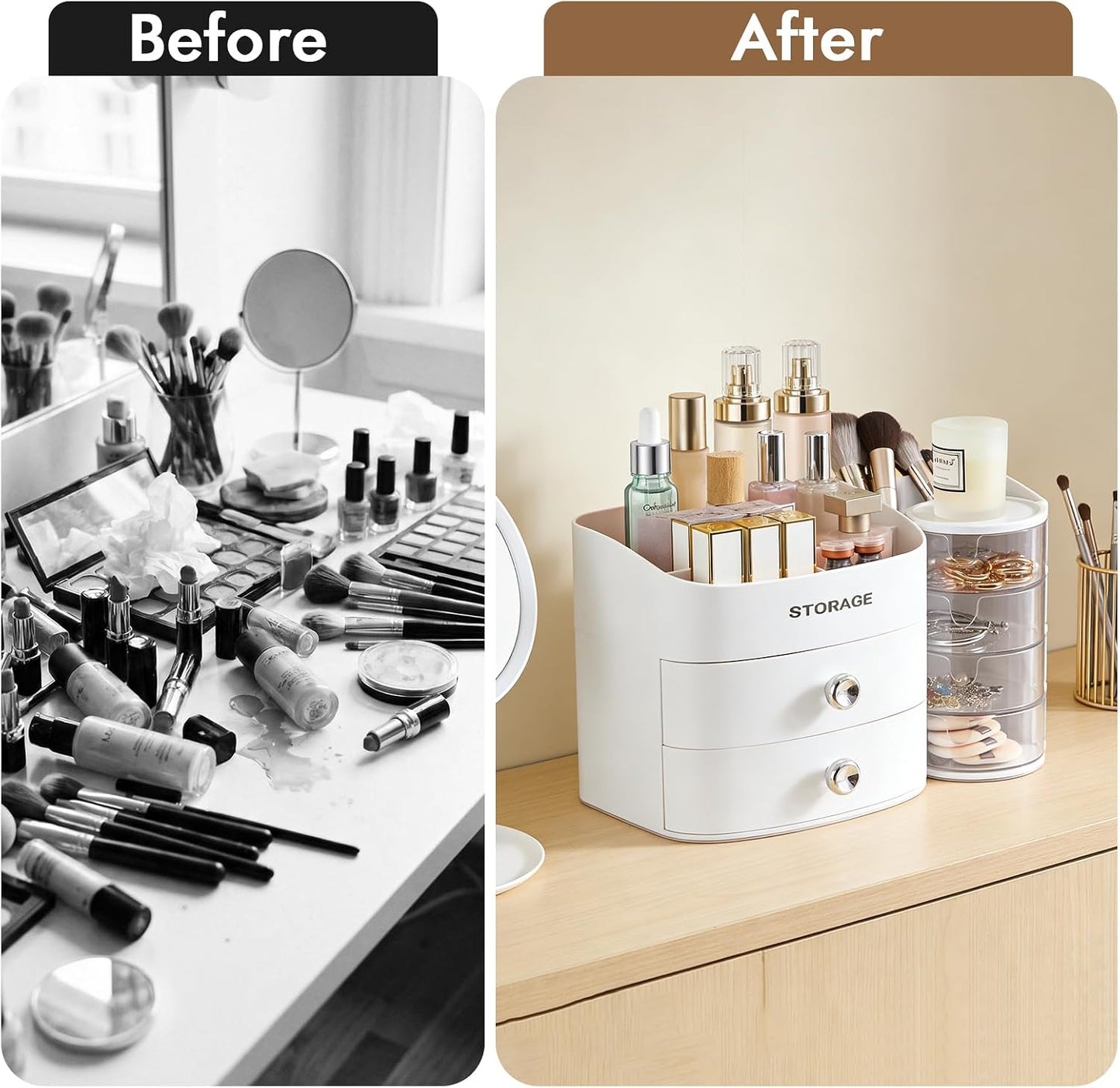 Makeup Organizer for Vanity - Skincare & Cosmetic Storage with Drawers | Brush Holder, Lipstick, Jewelry - White
