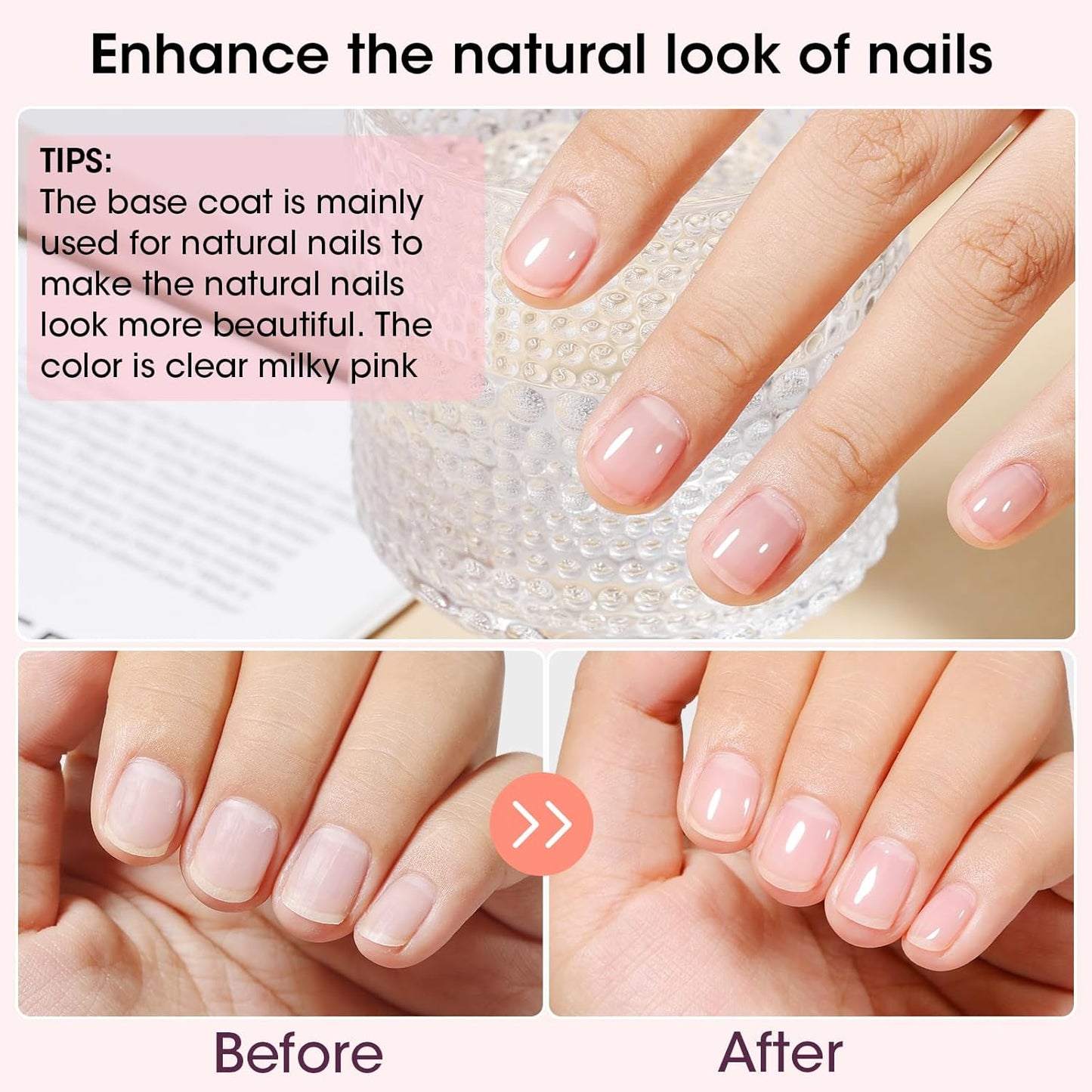 GELLEN 4-in-1 Clear Nail Polish - Base Coat, Sheer Tinted Milky Pink | Ridge Filler & Nail Strengthener