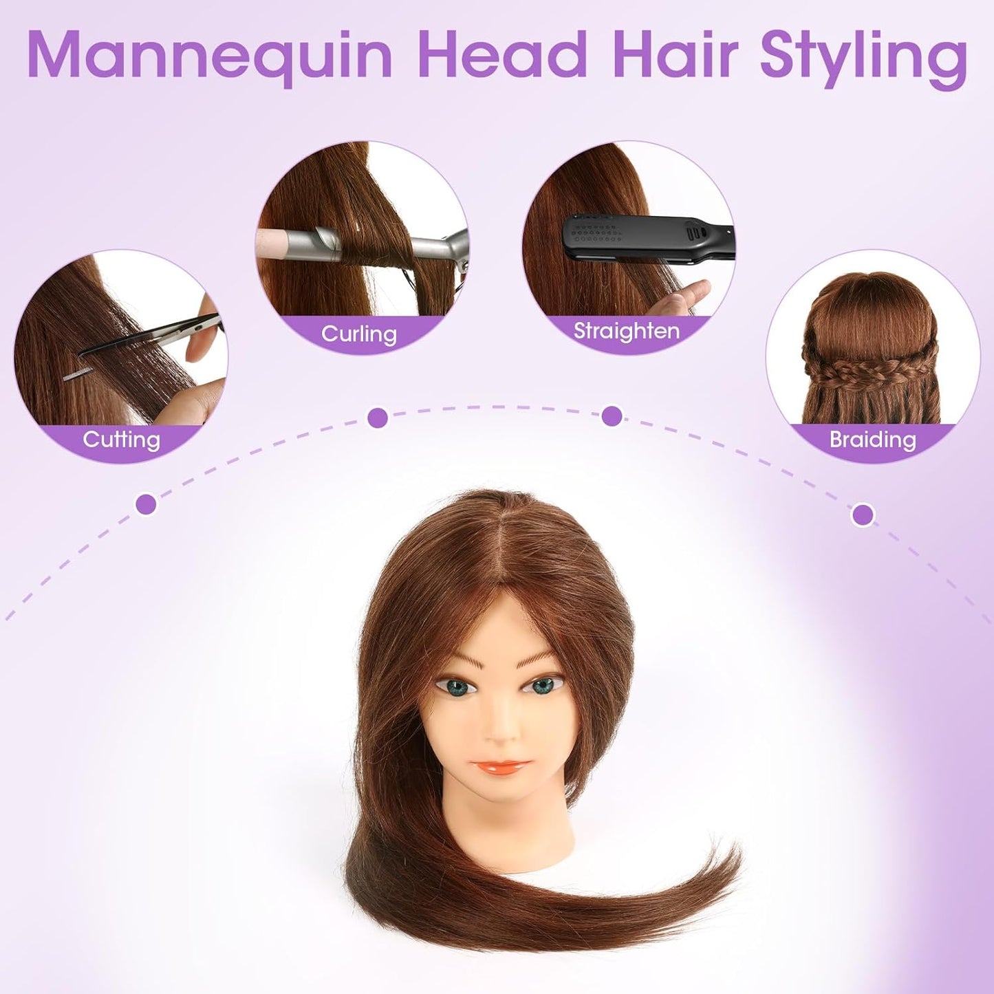 Human Hair Mannequin Head - 18'' Realistic Cosmetology Training Doll with Clamp & Tools | Dark Brown, Blue Eyes