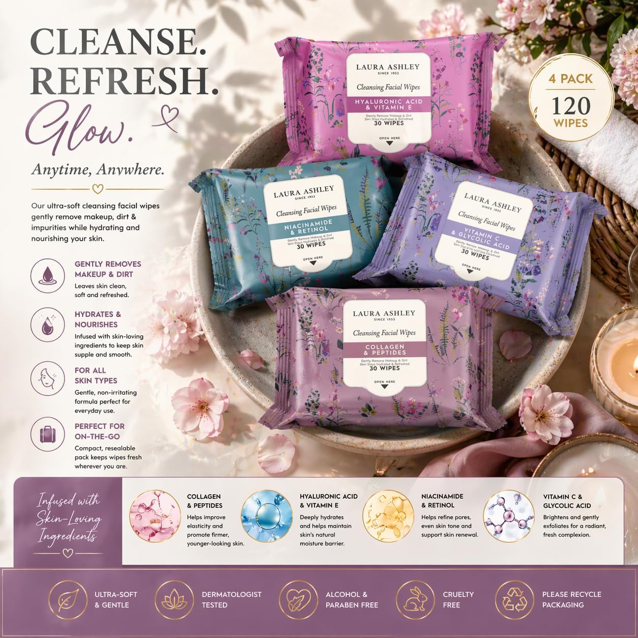 Laura Ashley Face Wipes - Cleansing Makeup Remover with Vitamin C & Retinol | 4 Pack, 120 Pcs