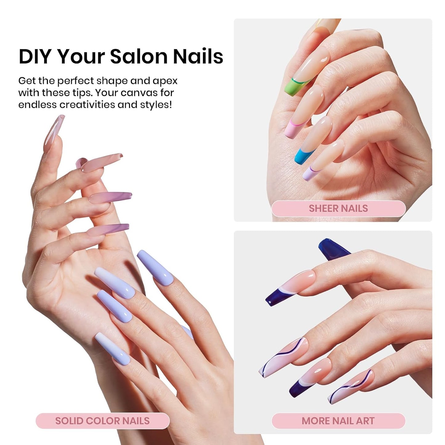 Apex Nail Tips - Long Coffin Shape, 192pcs in 16 Sizes 00-14 | Thicker Acrylic for DIY Salon Extensions