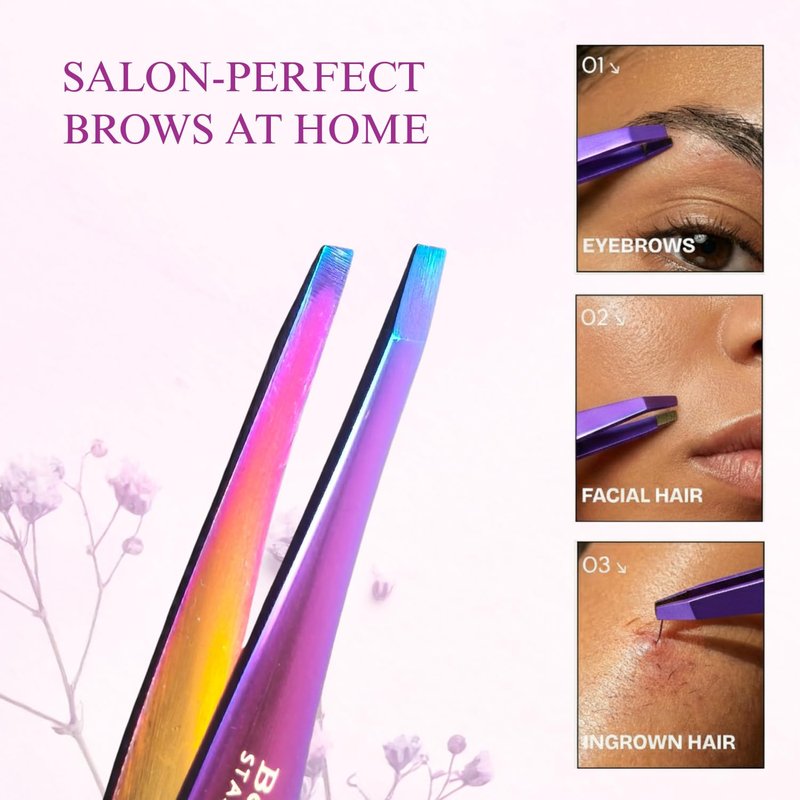 Beautélux Pro Series Purple Titanium Coated Tweezers – Precision Slant Tip Eyebrow Tweezers with Elegant Design, Professional Stainless Steel Hair Removal Tool with Purple Leather Pouch