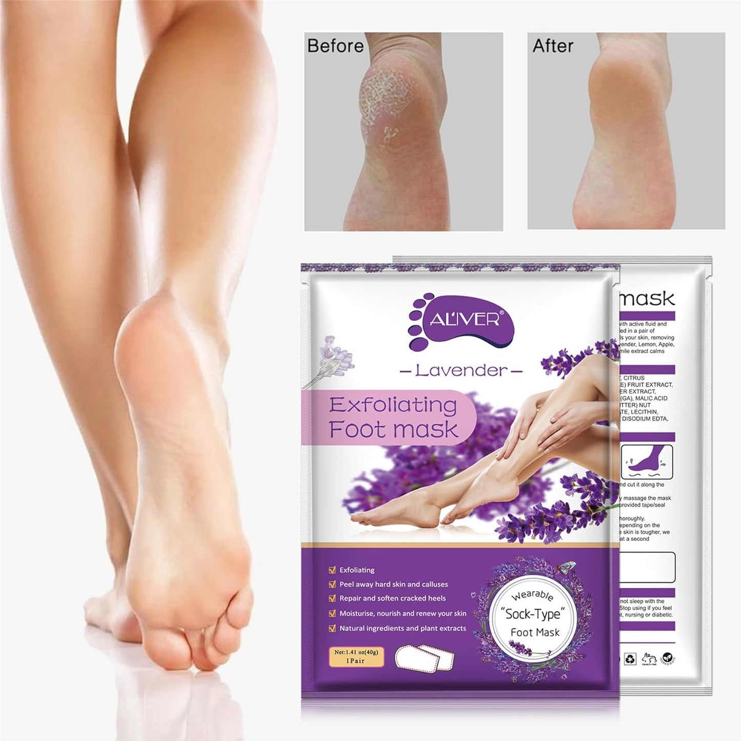 Aliver Foot Peel Mask - Exfoliating Callus Remover for Baby Soft Feet | 3 Pack, Lavender Scent