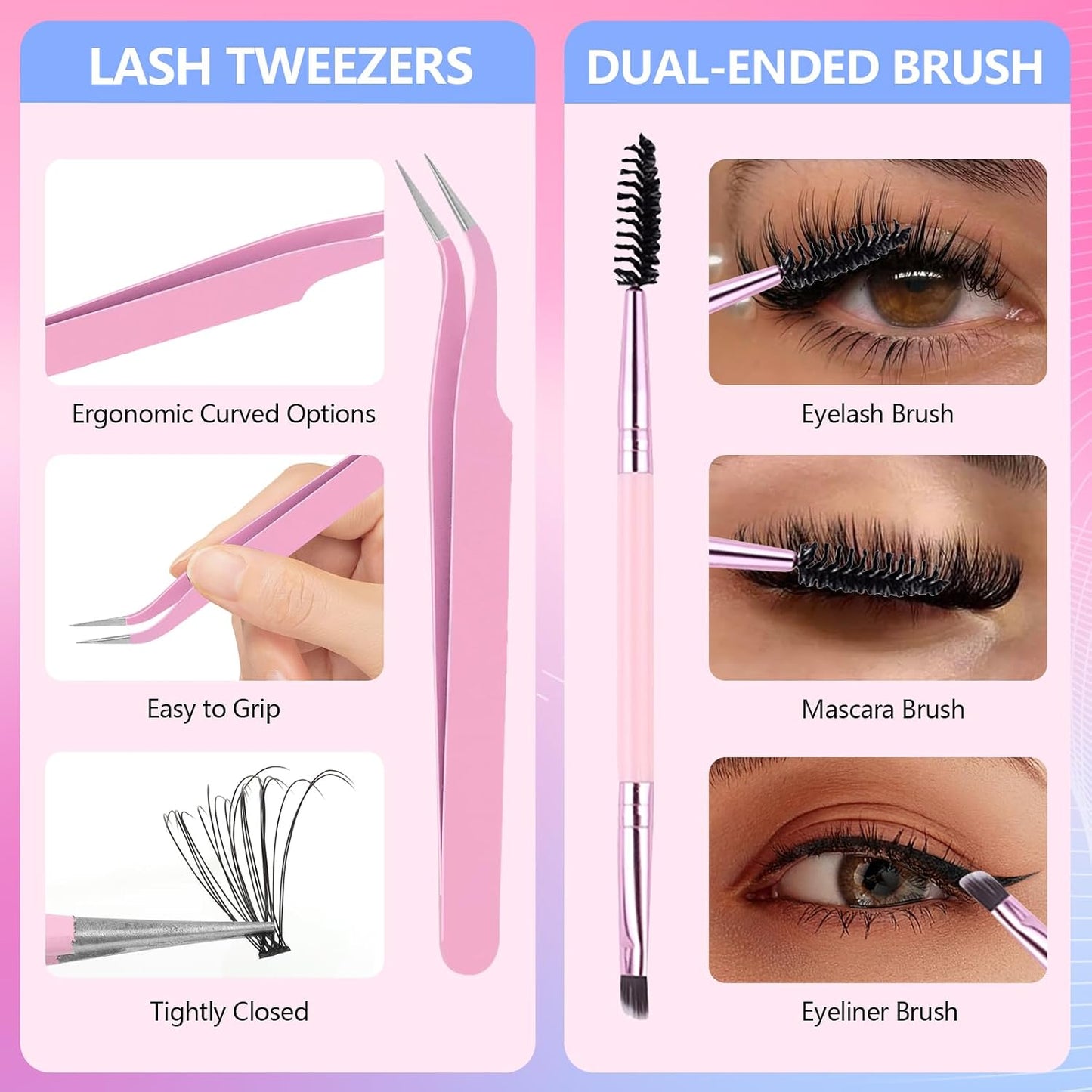 Lash Extension Kit - 50D 60D 80D 100D Individual Lash Clusters with Bond, Seal & Tweezers | 800 Pcs Set