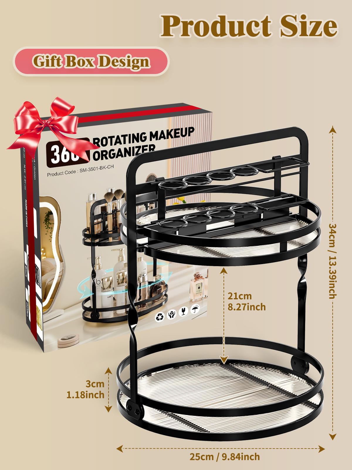DUANFEE Rotating Makeup Vanity Organizer, 360 Spinning Perfume Organizer for Dresser, 2-Tier Black Bathroom Countertop Organizer, Lazy Susan Skincare Storage, Cosmetic Display with Makeup Brush Holder