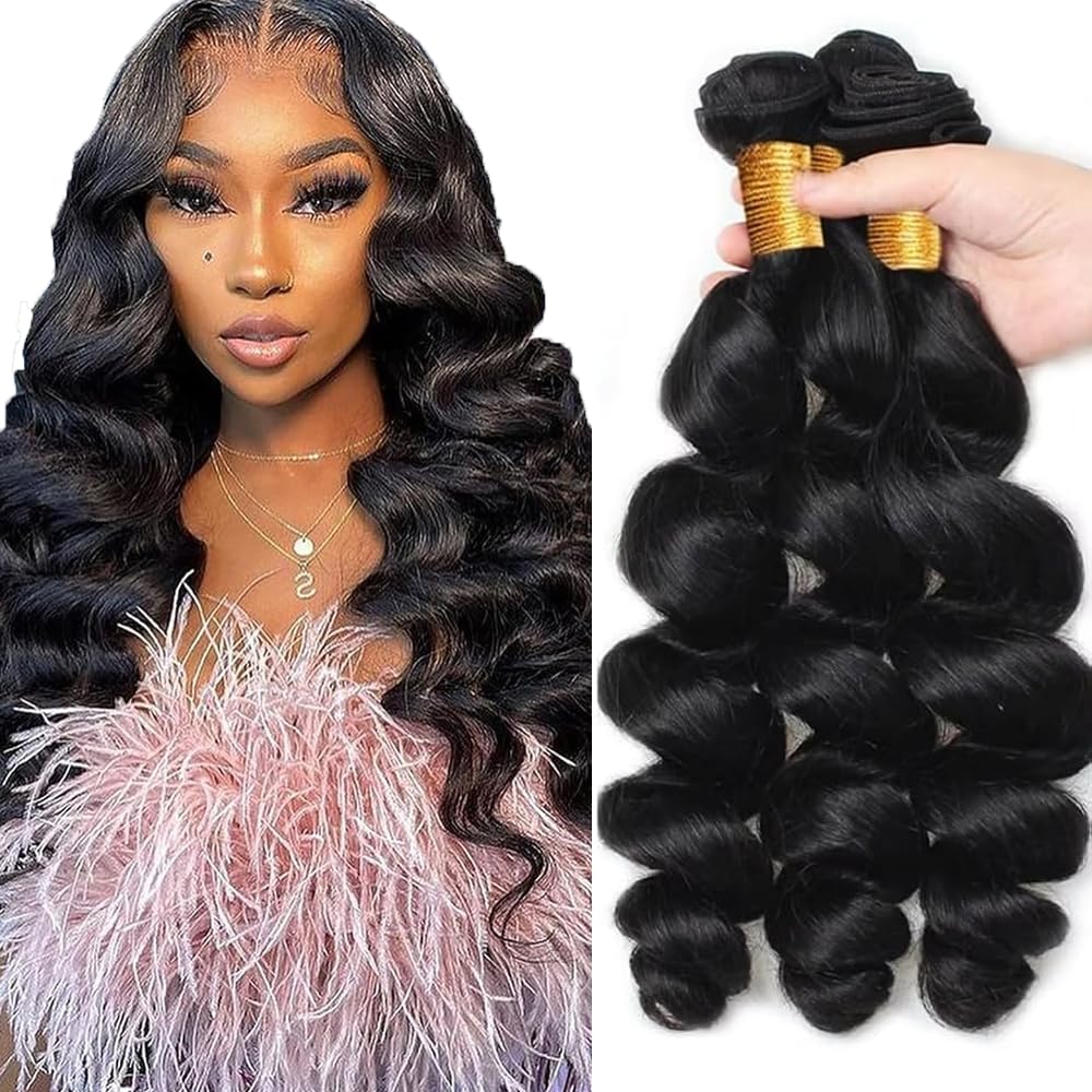 Human Hair Bundles Loose Wave Bundles 12 14 16 Inch Unprocessed Brazilian Virgin Hair #1B Natural Color Loose Deep Wave Bundles 3 Bundle 50 Gram Per Bundle Deals Quick Weave Hair Extensions
