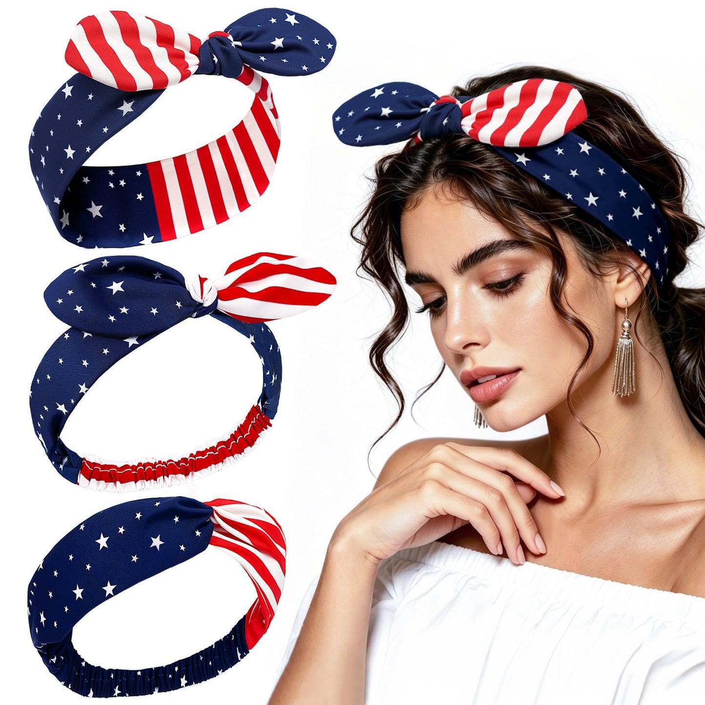 FEBSNOW 3 Pack 4th of July Headband, American Flag Knotted Headband