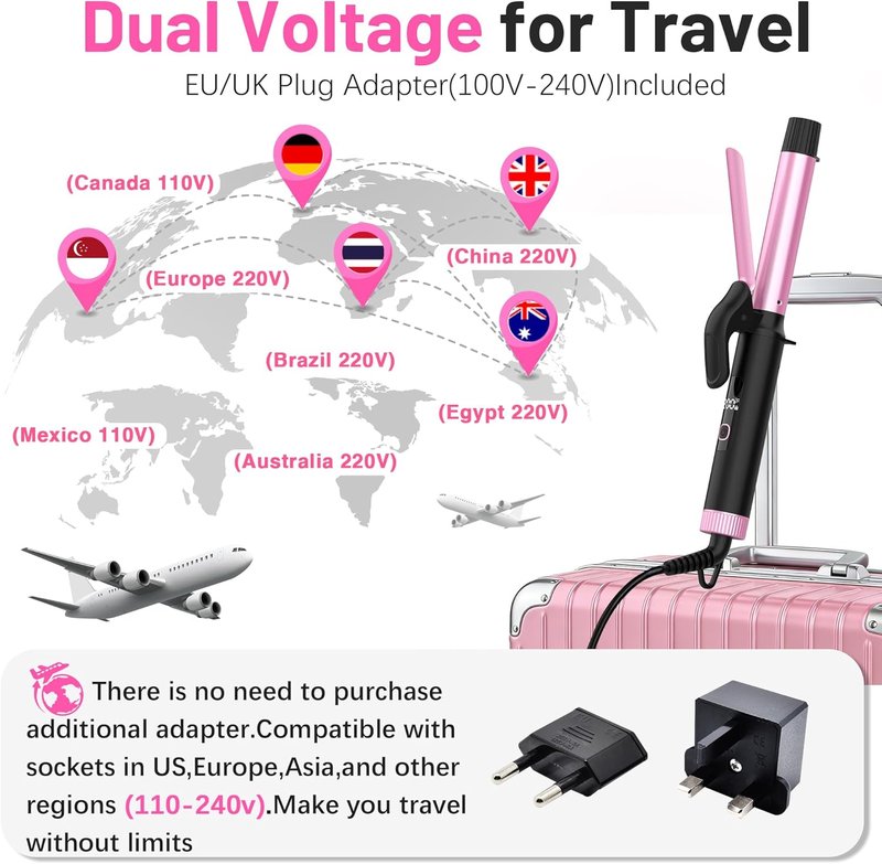 Travel Curling Iron - 1 Inch Dual Voltage Ceramic Barrel | Compact Design for Short Hair, 5 Temp Settings