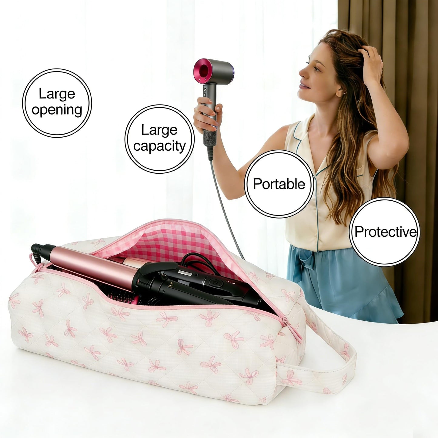 VBWEOI Hair Tools Organizer Bag, Portable Hair Tools Travel Bag for Curling Irons, Flat Irons, Hair Dryers and Styling Tools, Haircare Accessories Travel Essentials