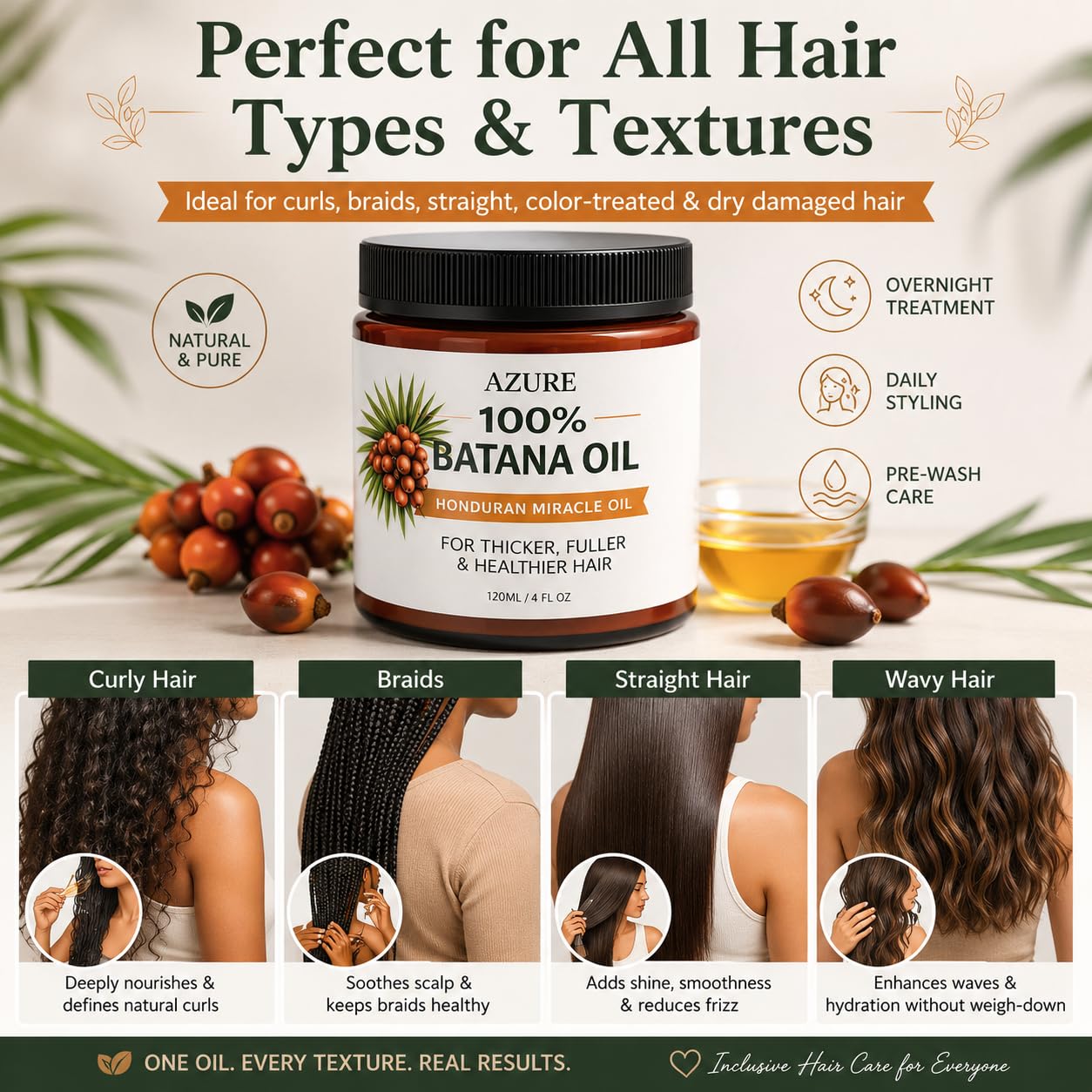 Azure Batana Oil for Hair Growth - Deep Moisture Treatment for Dry, Damaged Hair | 4 Fl Oz