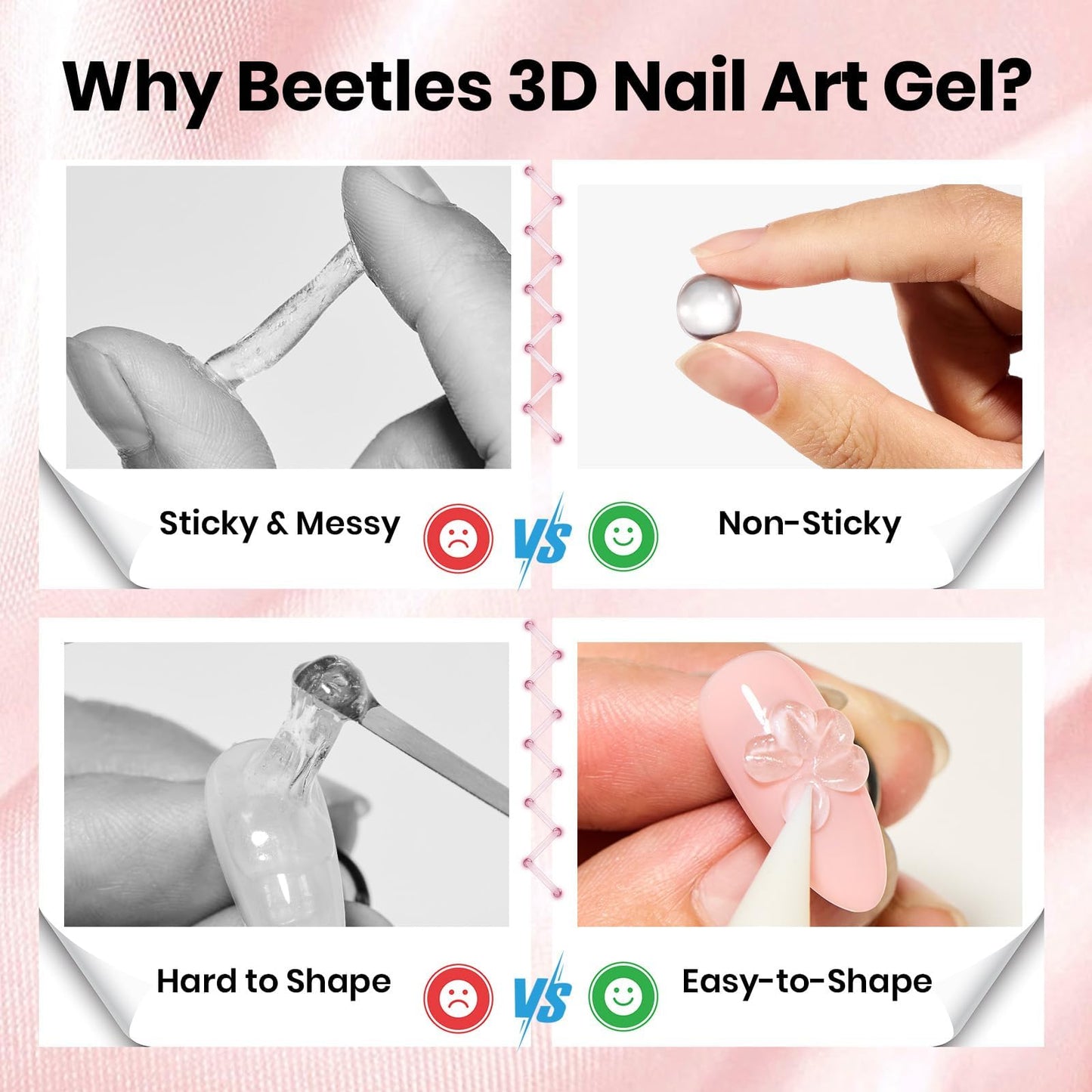 Beetles 3D Gel Nail Art with 3D Mold,Pink Solid Builder Nail Gel,Non-Sticky Sculpting 3D Nails & Dual-Ended Sculpture Pen & Stiletto Dual From, Beginner Friendly DIY at Home,Ballet Whisper