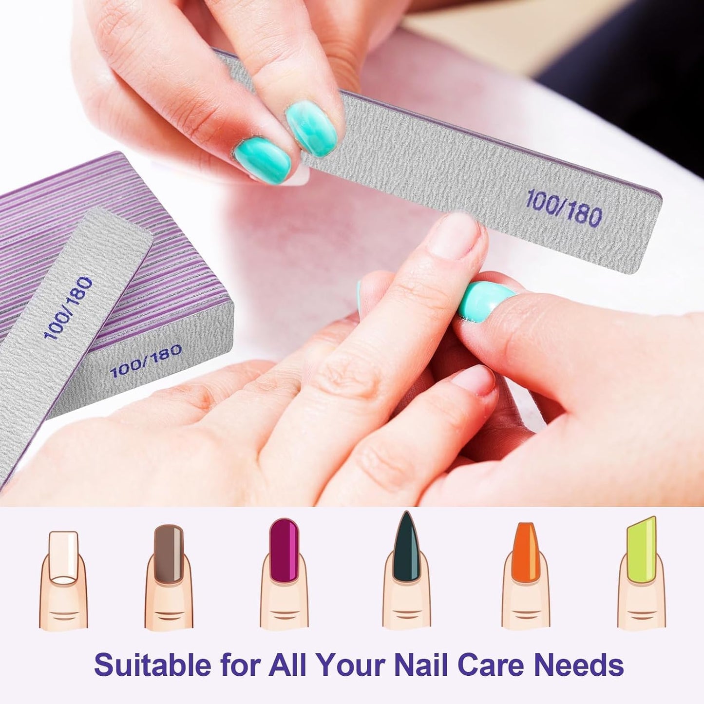 Nail Files - 12 Pack 100/180 Grit Emery Boards for Natural & Acrylic Nails | Double-Sided Reusable Manicure Tools in Gray