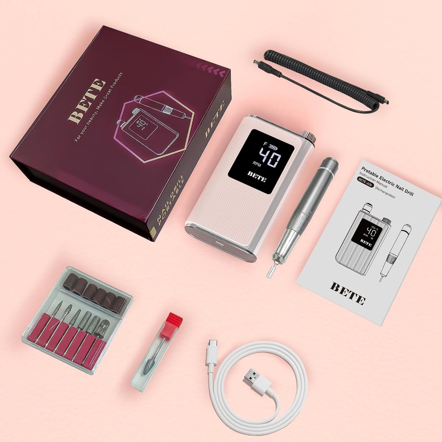 Professional Nail Drill - 40000 RPM Cordless Electric Nail File Kit with 6 Bits | Rechargeable Efile for Acrylic Gel Nails, Pink