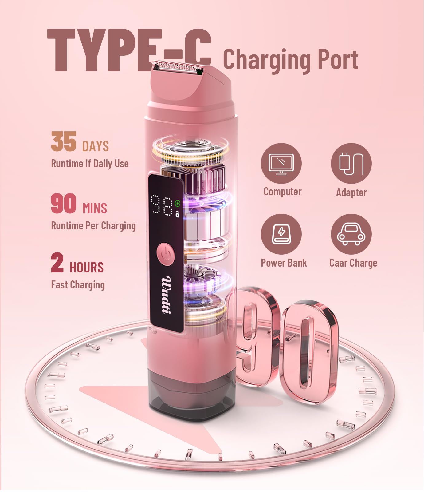 Dual Head Electric Bikini Trimmer for Women: IPX7 Waterproof Lady Shaver with LED Display - Rechargeable Pubic & Body Hair Razor - Rococo Pink