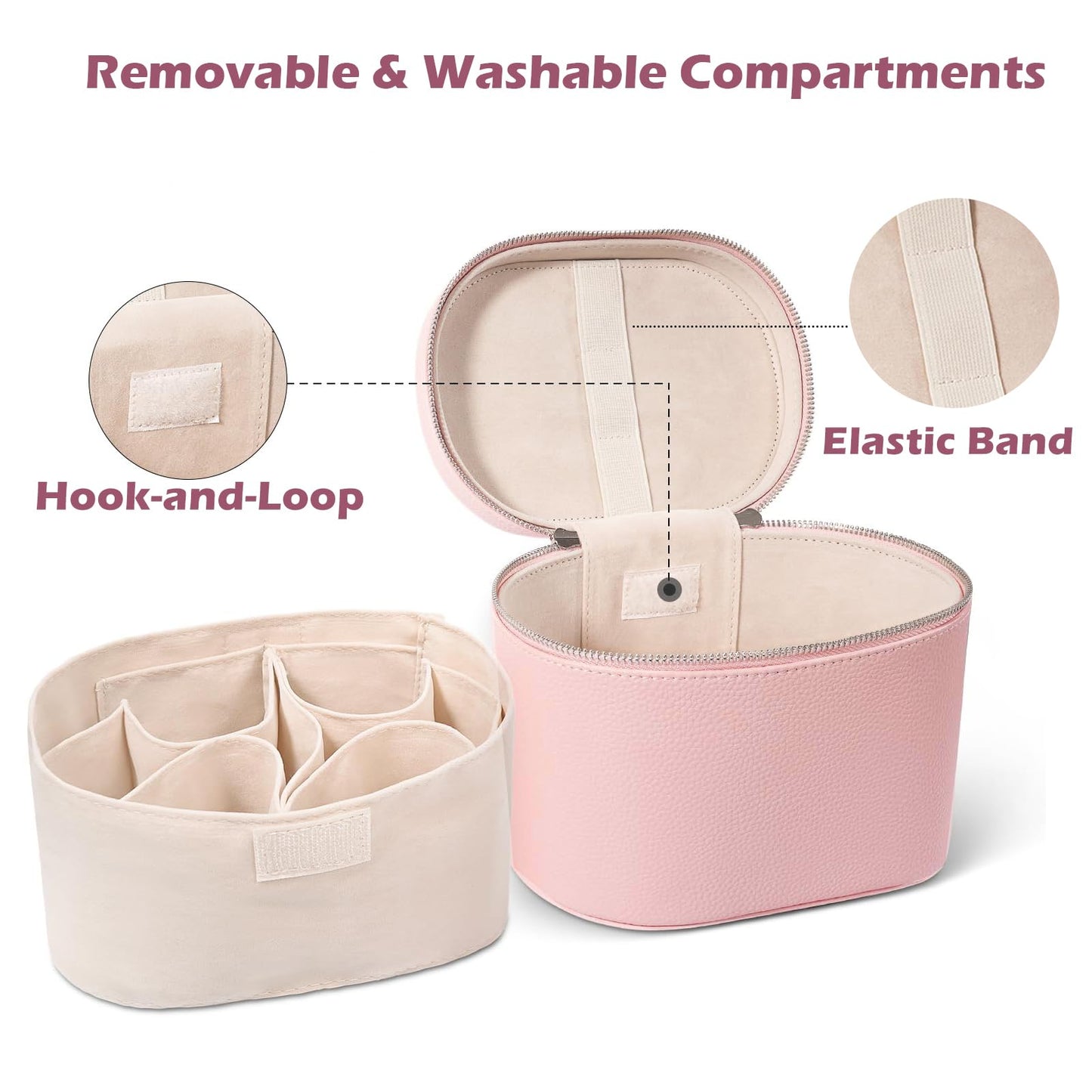JOVOLIFE Makeup Case, Large Capacity Leather Makeup Bag with Removable Washable Compartment, Portable Waterproof Leather Cosmetic Case, Multi-functional Travel Organizer, Pink