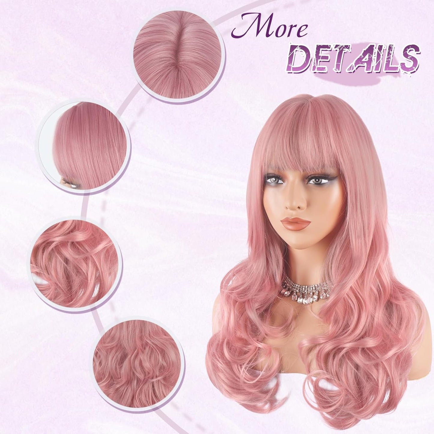 Pink Wigs with Bangs - Long Wavy Layered Synthetic Hair Wig | Natural-Looking, Heat Resistant, 24 Inch
