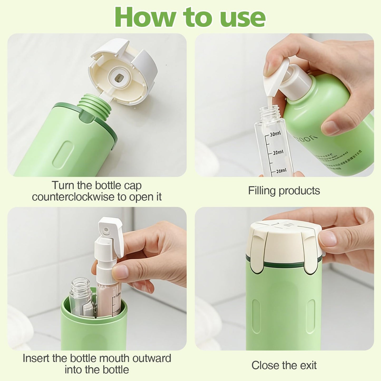 4 in 1 Travel Bottle,Travel Dispenser Bottles Refillable, 4 Pack 30ML for Storing Shampoo, Shower Gel, Laundry Detergent, Travel, Camping and Gym