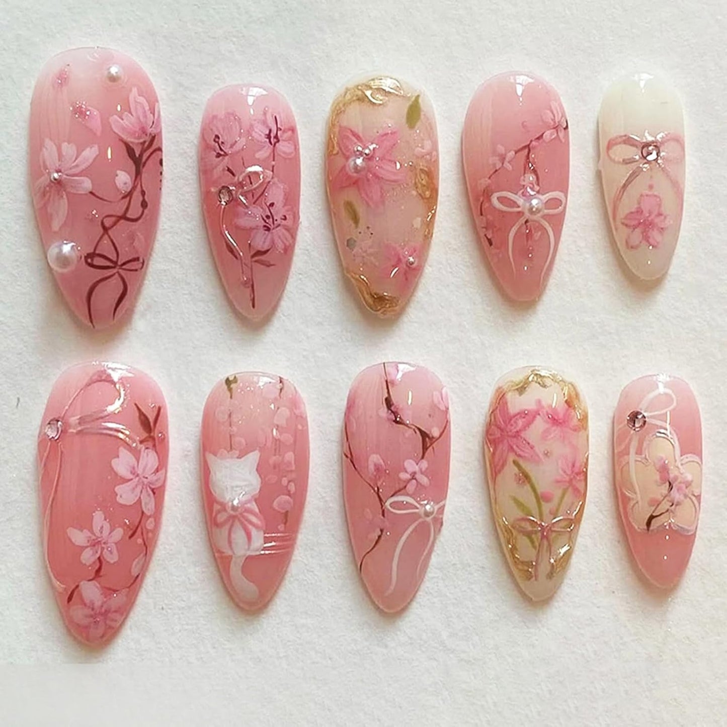 Handmade Press-On Nails - 30 Pcs Medium Almond Shape 3D Flower Design | Reusable Acrylic in Nude & White