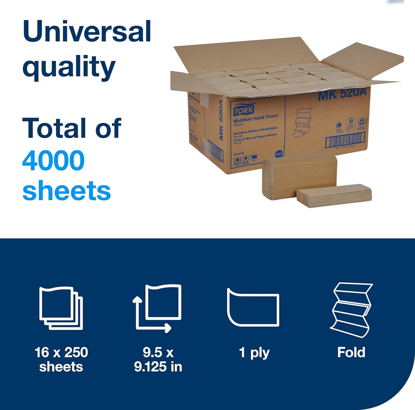 Tork Multifold Hand Towels - 100% Recycled, FSC Certified | 16 Packs of 250 Sheets