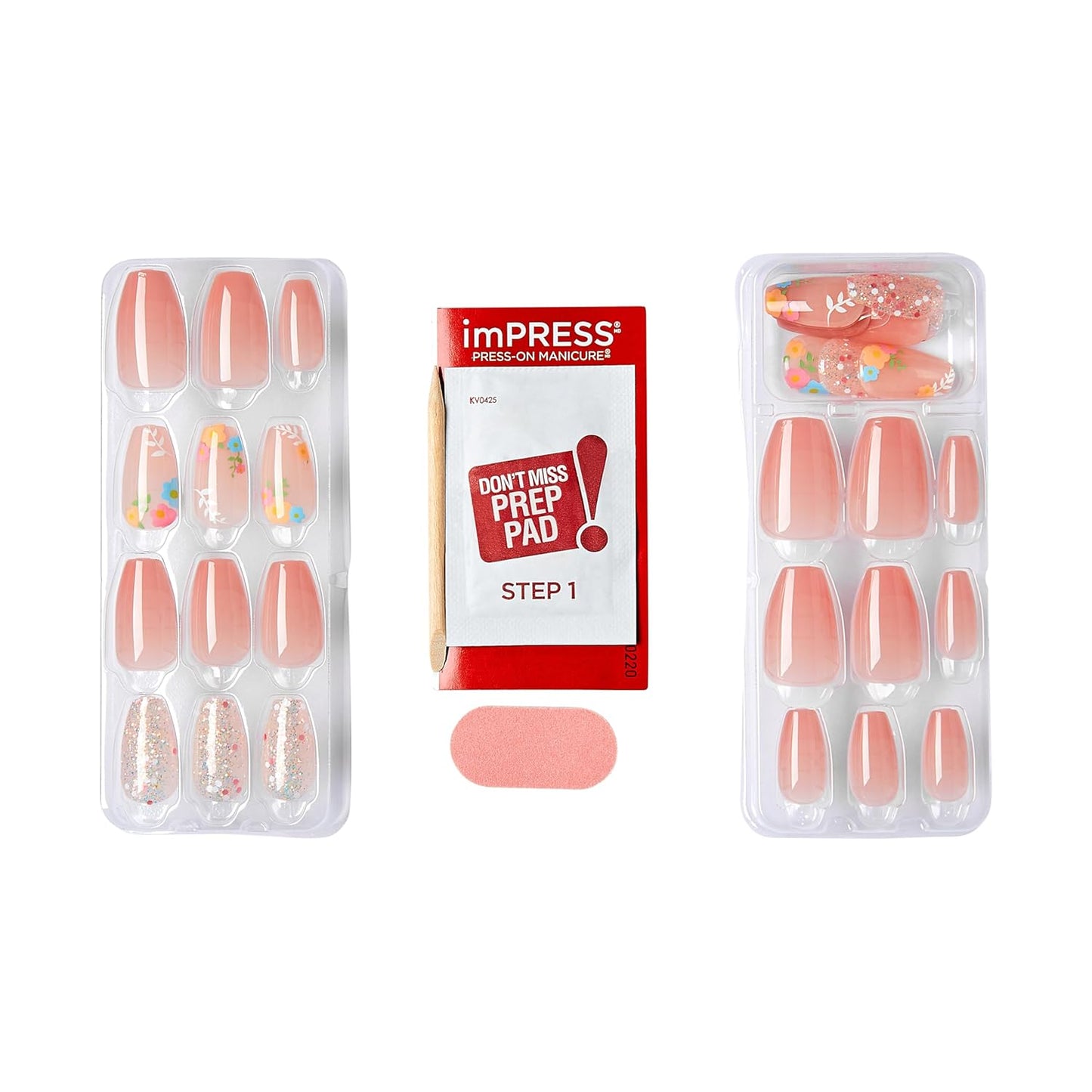 KISS Impress Press-On Manicure - Medium Coffin Shape Fake Nails, Nude Pink with Floral Design | Includes Prep Pad & Mini File