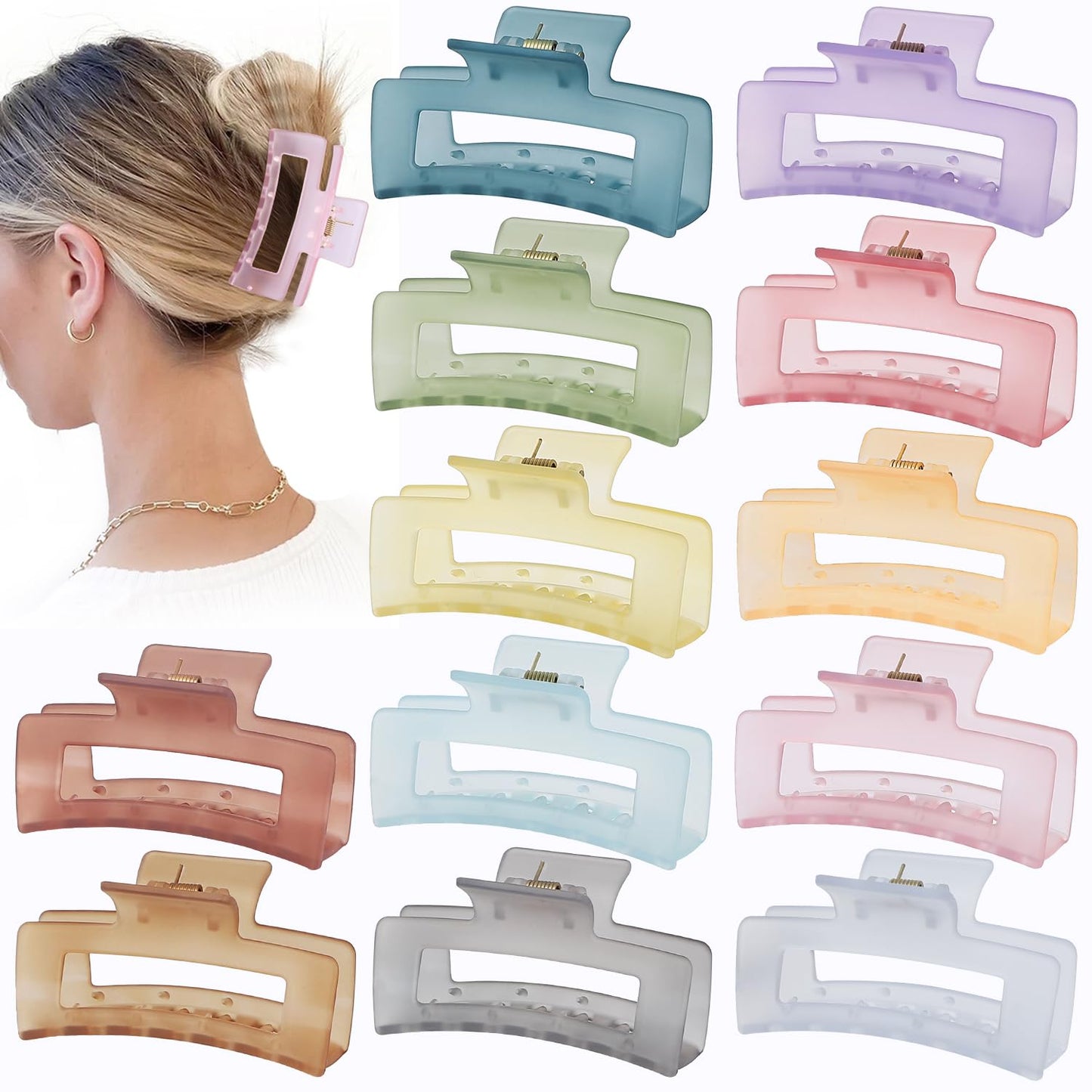 3.5 Inch Medium Hair Accessories - 12 Pcs Square Jaw Clips for Thick & Thin Hair | Rectangular Basic Color Clips for Women & Girls